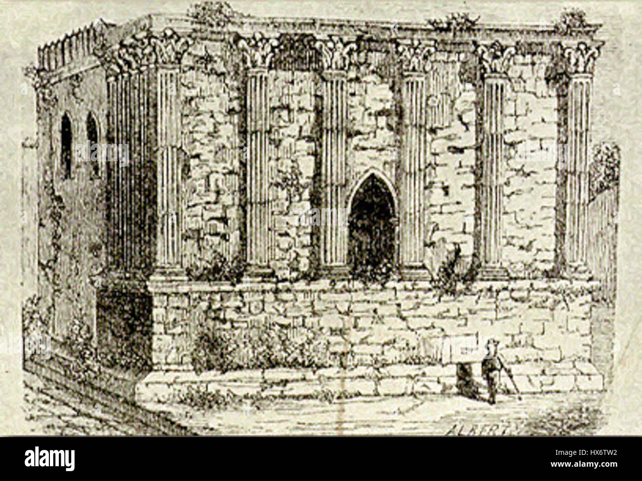 Der römische Tempel von Evora, erbaut im 1. Jahrhundert n. Chr., ist eines der am besten erhaltenen antiken römischen Denkmäler in Portugal. Die Darstellung von 1870 unterstreicht ihre Pracht und historische Bedeutung in der römischen Architektur. Stockfoto