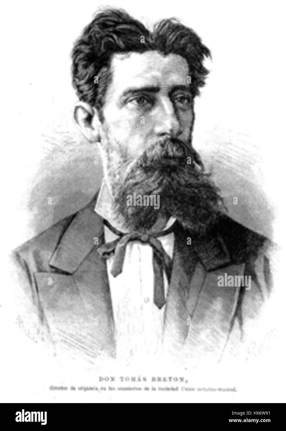 Tomás Bretón war ein spanischer Komponist und Dirigent, bekannt für seine Beiträge zur spanischen Musik im späten 19. Und frühen 20. Jahrhundert. Seine Werke umfassen Opern, Orchestermusik und Zarzuela, die die spanische nationale Identität und den kulturellen Stolz widerspiegeln. Stockfoto