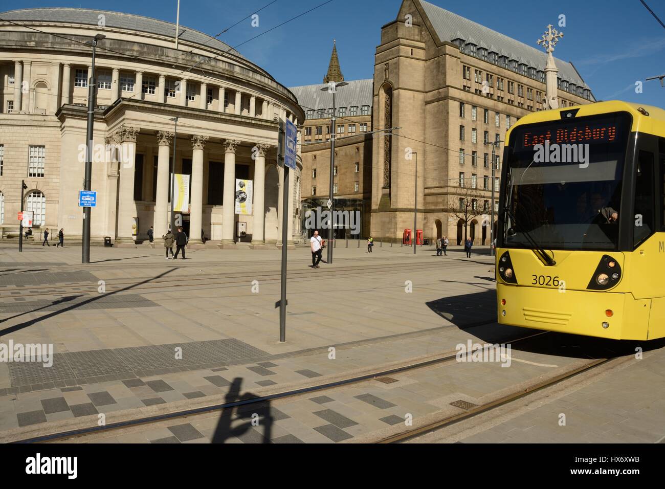 Metrolink Straßenbahn in St Peter es Square im Stadtzentrum von Manchester. Stockfoto