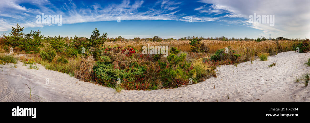 Panorama des Fire Island National Seashore im Herbst mit dem Leuchtturm. Long Island, New York Stockfoto