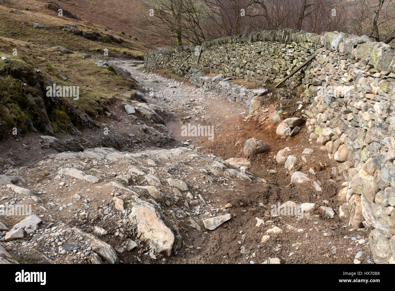 Erosion auf die Tilberthwaite, Langdale Maultierweg Stockfoto