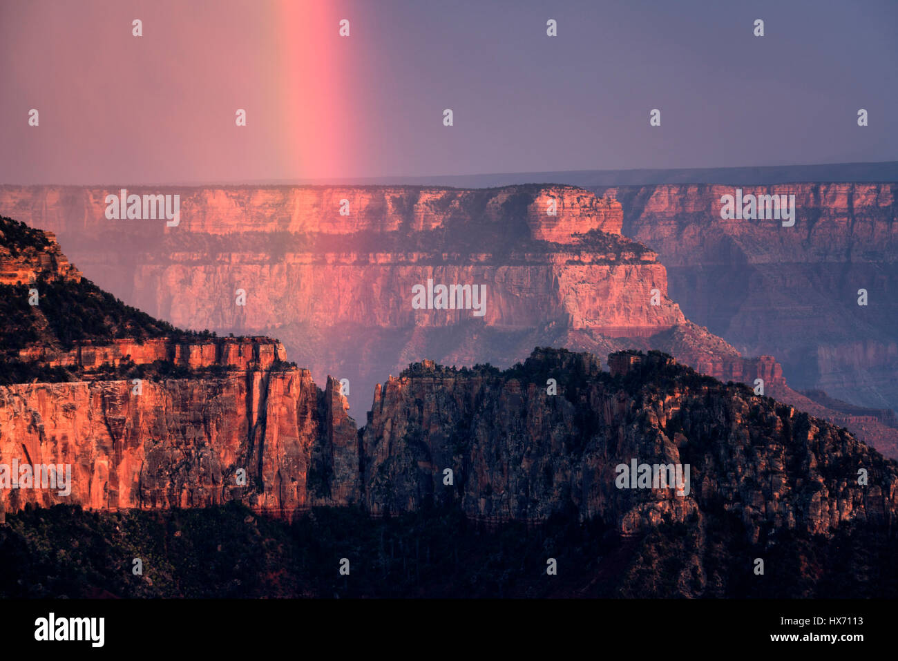 Ansicht des Grand Canyon mit Regenbogen von Bright Angel Point. North Rim des Grand Canyon National Park, Arizona Stockfoto