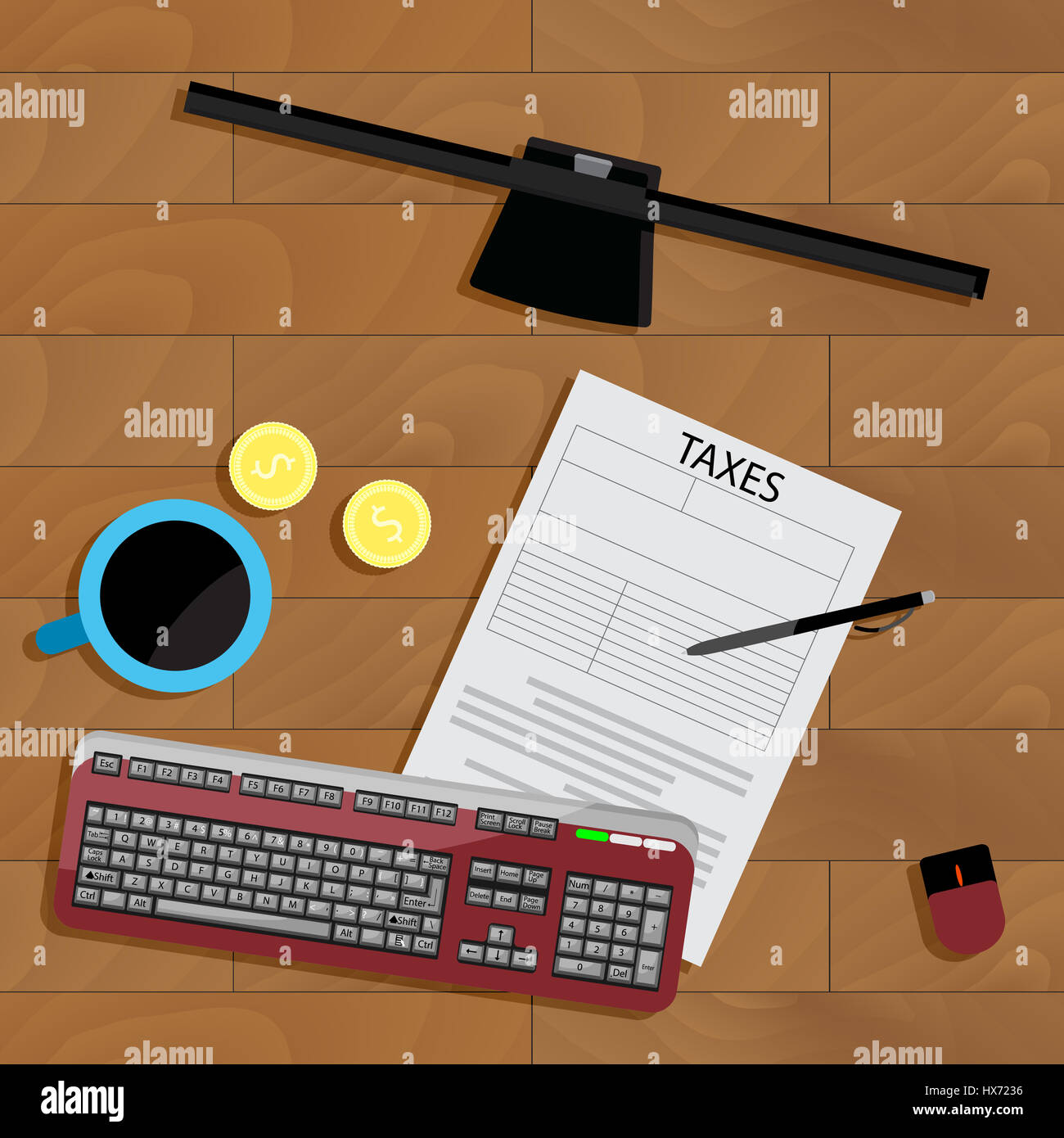 Ansicht von oben steuern. Besteuerung und Rechnungslegung Gleichgewicht, Konto und Monitor Vektor, Konzept Berechnung Steuer illustration Stockfoto