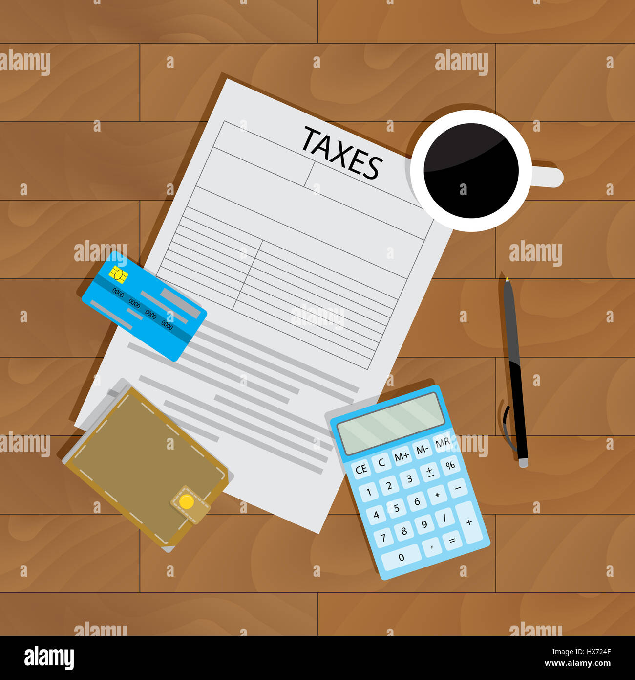 Jährliche Zahlung von Steuern. Bank-Gewinn und Budget, Brieftasche und Audit Dokument, Vektor-illustration Stockfoto