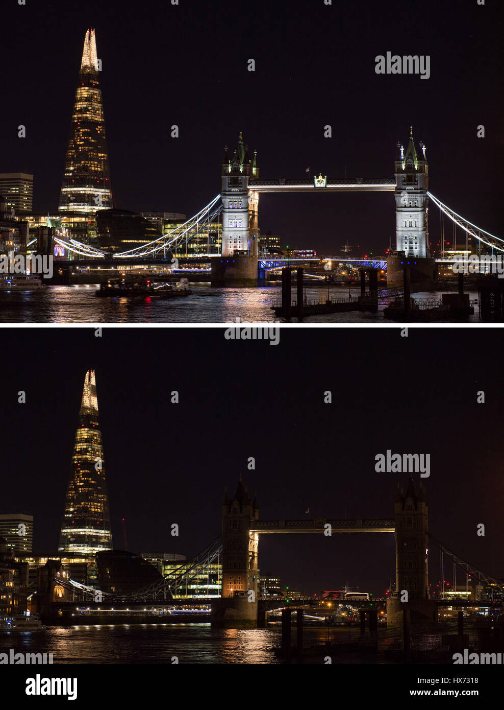 Tower Bridge im Zentrum von London vor und nach dem Ausschalten der Lichter für eine Stunde anlässlich WWFs Earth Hour Bewusstsein über den Klimawandel. Stockfoto