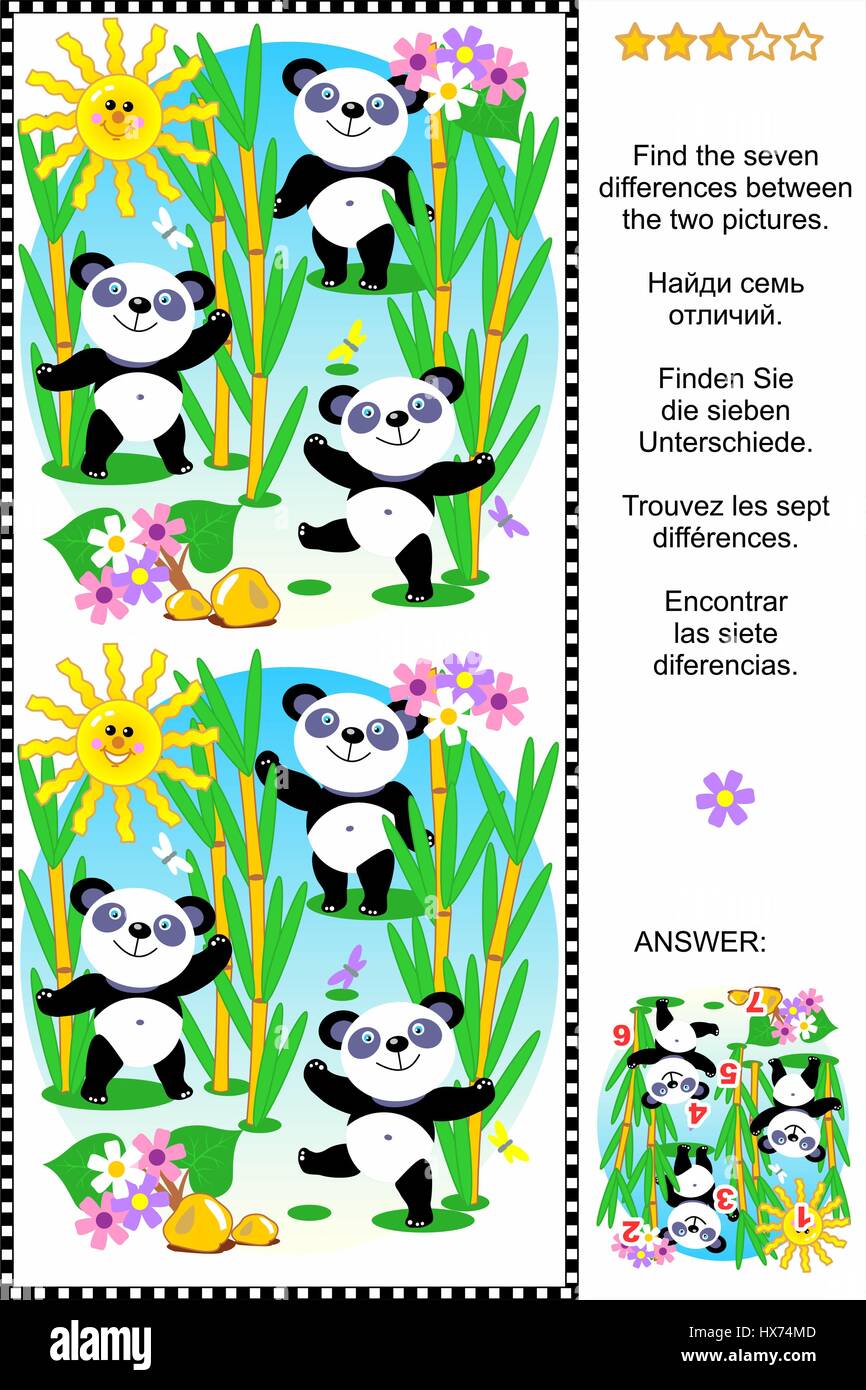 Puzzle: Finde die sieben Unterschiede zwischen den beiden Bildern der niedlichen panda Bären füttern im Bambuswald. Antwort enthalten. Stock Vektor