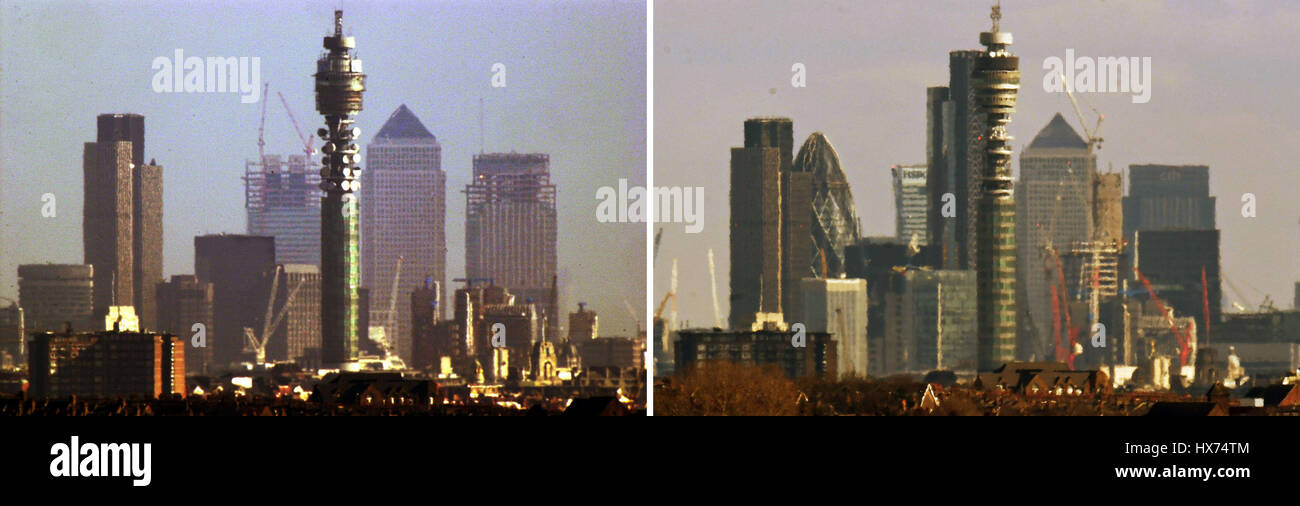Wie entwickelt sich die Skyline von London zeigt diese zwei Bilder 16 Jahre auseinander. Seit die ersten im Jahr 2001 aufgenommen wurde, wurden die Gebaeuden um One Canada Square abgeschlossen. Weitere spürbaren Ergänzungen gehören 30 St Mary Axe (bekannt als die Gurke), 8 Canada Square im Canary Wharf, dient als der weltweite Hauptsitz von HSBC-Gruppe und das Leadenhall Building (direkt über der BT Tower). Stockfoto
