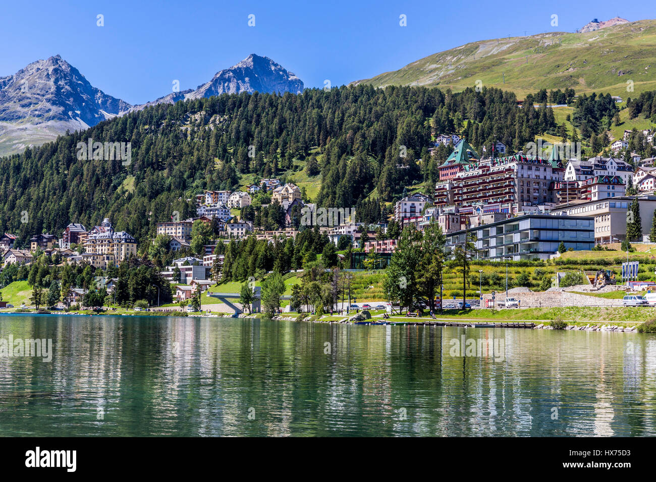 St. Moritz im Oberengadin Engadin Region Maloja, Kanton Graubünden, Corviglia, Piz Nair, St. Moritzersee, hinten Piz Julier Stockfoto