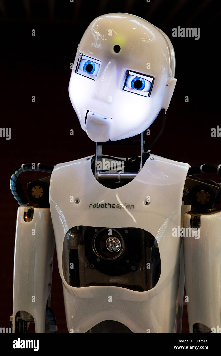Humanoide Roboter RoboThespian, Beschäftigungsfragen Ausstellung Jobmarket Ausstellung DASA, Dortmund, Ruhrgebiet Stockfoto