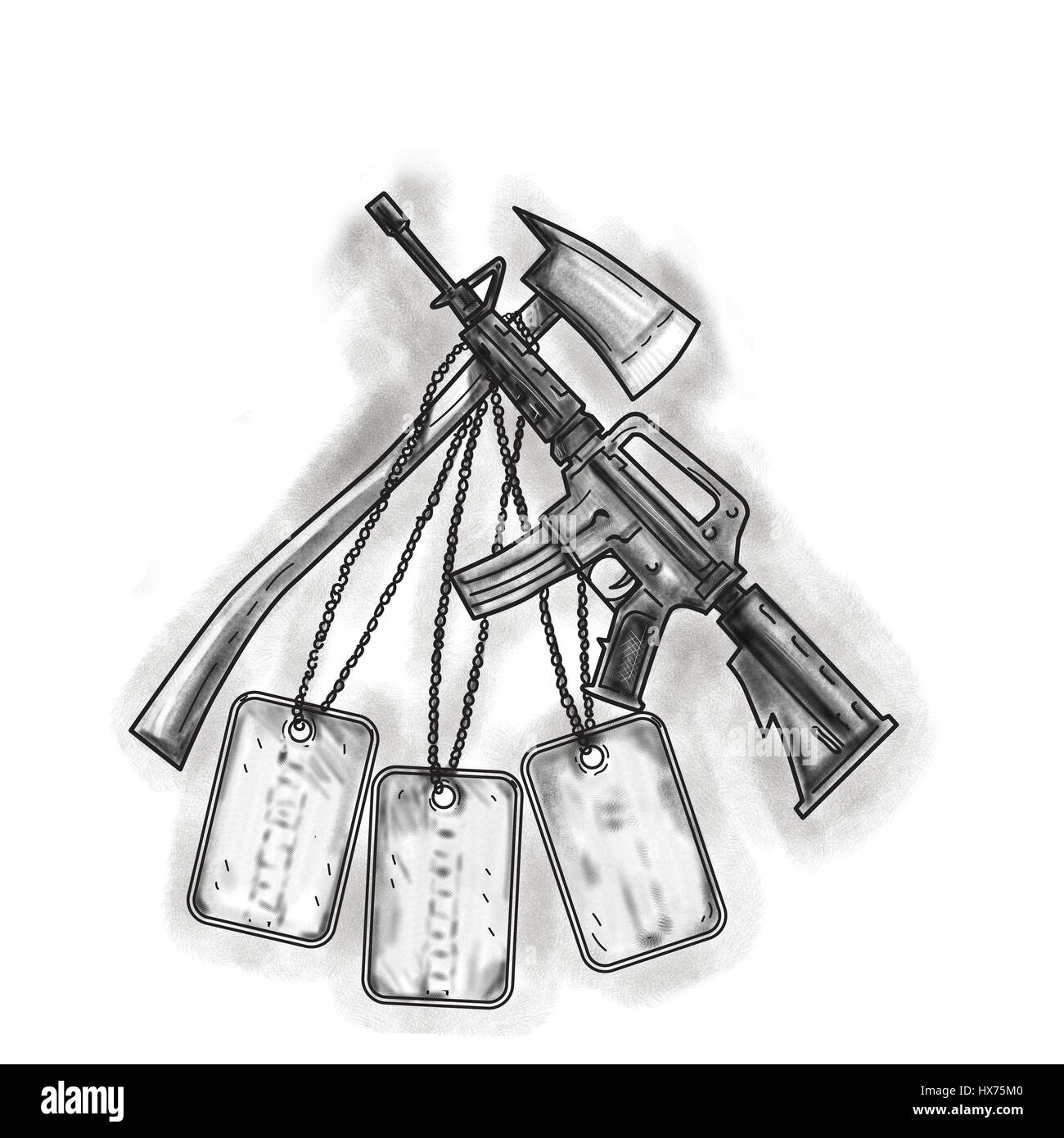 Tattoo-Stil Illustration einer gekreuzten Feuer Axt und eine M4-Magazin-fed Karabiner-Gewehr verwendet durch die United States Army und US Marine Corps Kampfeinheiten w Stockfoto