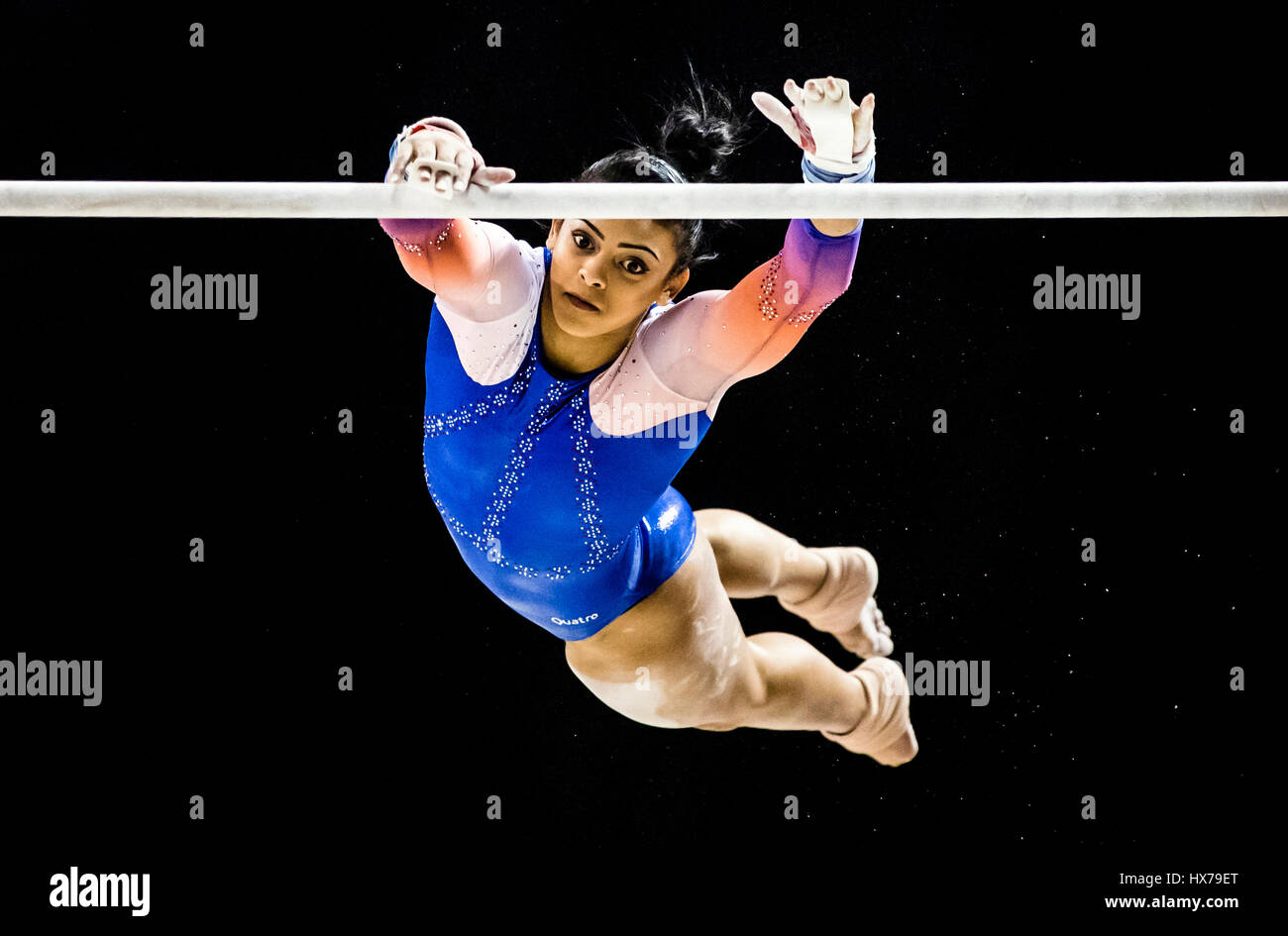 Elissa Downie gewinnt Gold in den erturnte Bars tagsüber drei 2017 Gymnastik British Championships in der Echo Arena Liverpool. Stockfoto