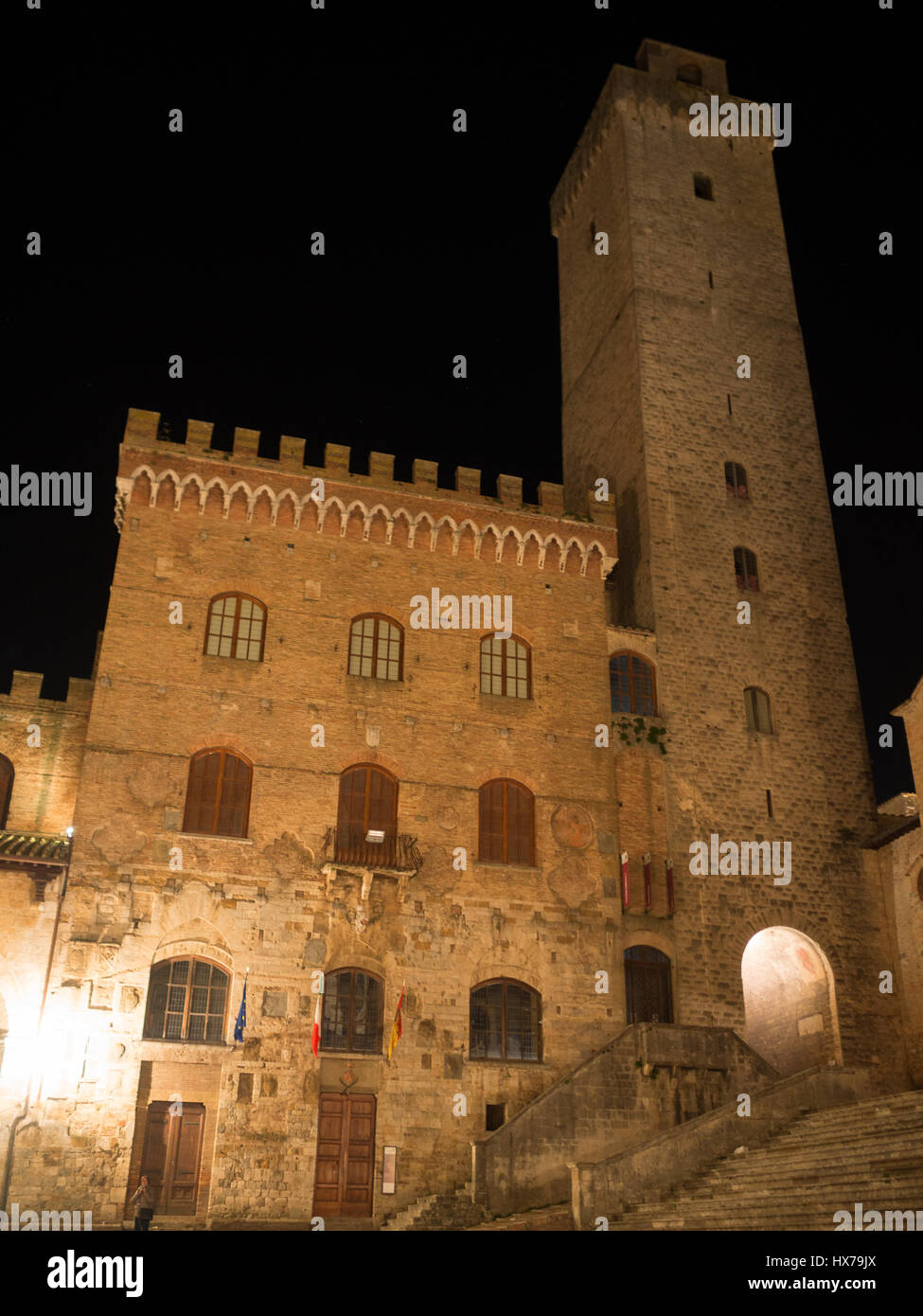 San Gimignano Rathaus Night Shot Stockfoto
