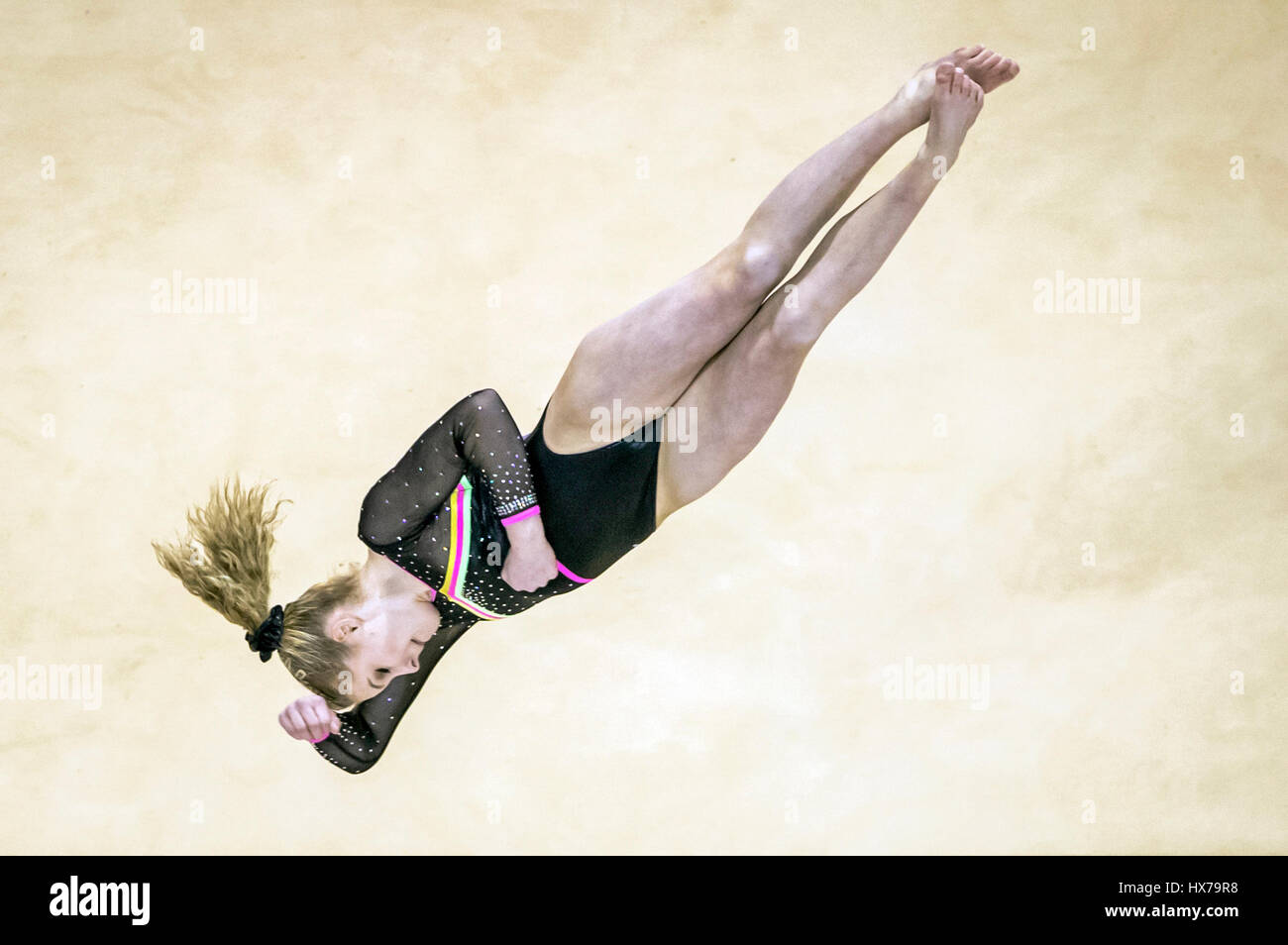 Maisie Methuen gewinnt Gold in der Frauen Etage tagsüber drei 2017 Gymnastik British Championships in der Echo Arena Liverpool. Stockfoto