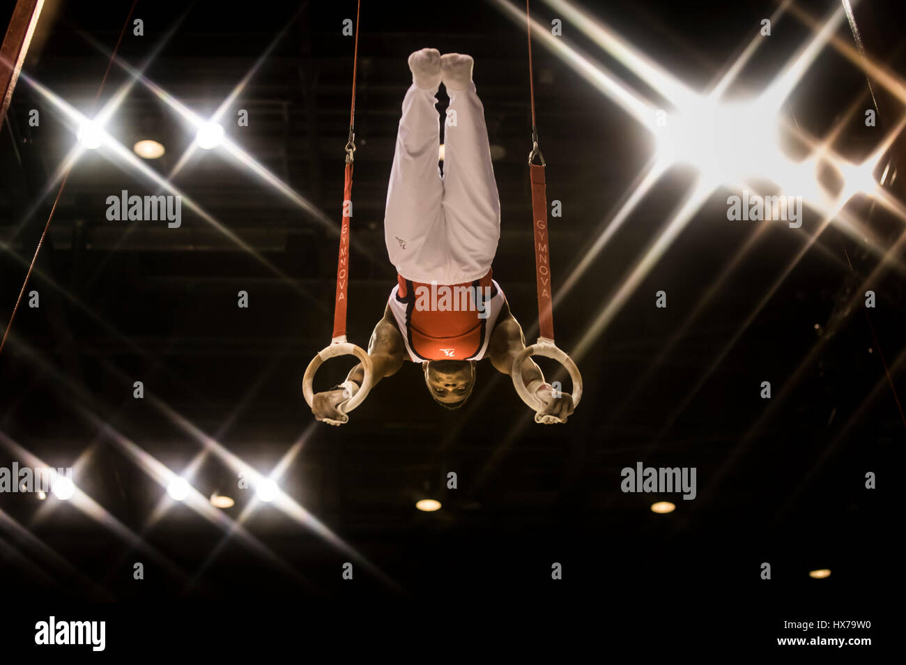 Courtney Tulloch gewinnt Gold in der Männer noch Ringe tagsüber drei 2017 Gymnastik British Championships in der Echo Arena Liverpool. Stockfoto