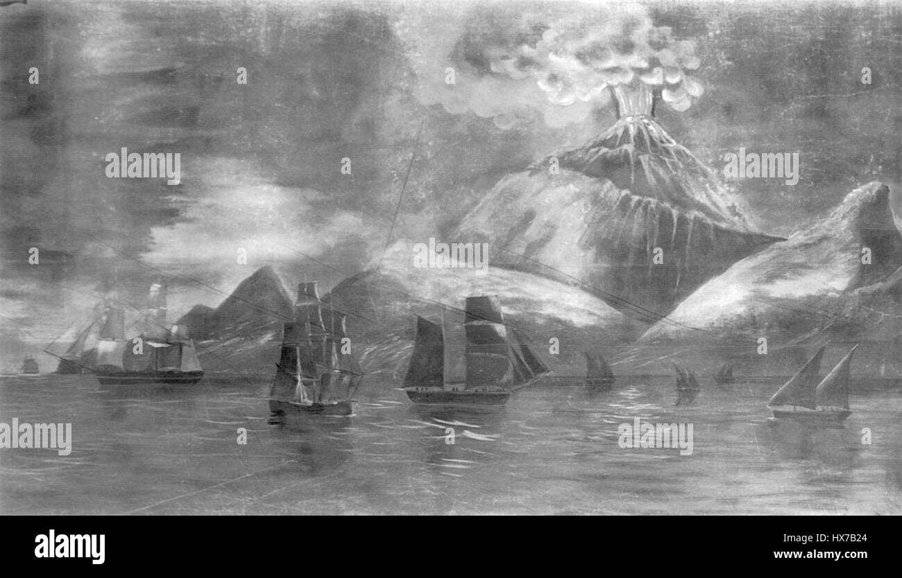 Dieses Detail aus dem Gemälde der Walfangreise von 1848 von Russell und Purrington zeigt die intensive und gefährliche Natur der Walfangindustrie im 19. Jahrhundert. Das Werk zeigt Walfangschiffe, Harpunen und Meeresbewohner und veranschaulicht die harten Realitäten, denen Seeleute auf langen Reisen gegenüberstehen. Das Gemälde ist Teil der Sammlung des New Bedford Whaling Museum, die die maritime Geschichte der Walfangindustrie New Englands bewahrt. Stockfoto