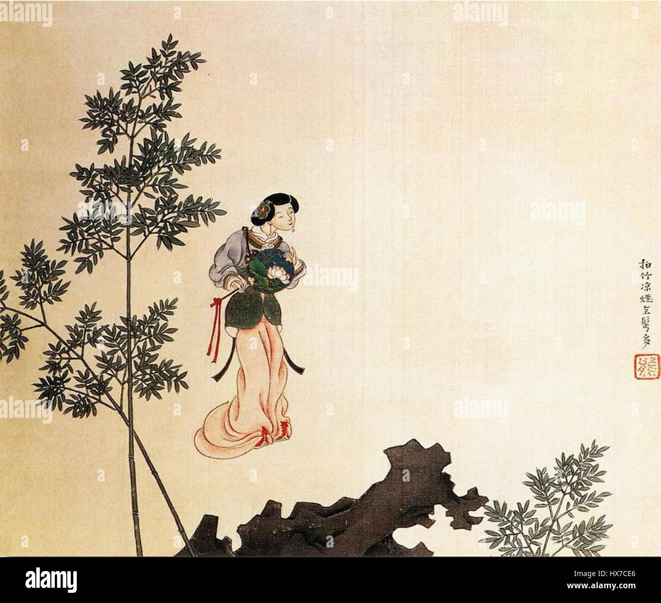 Mjmhg008 Renxiong ist ein chinesisches Kunstwerk, das die Beherrschung traditioneller Tintentechniken demonstriert und kräftige Striche mit feinen Details kombiniert, um eine reichhaltige und ausdrucksstarke Komposition zu schaffen. Stockfoto