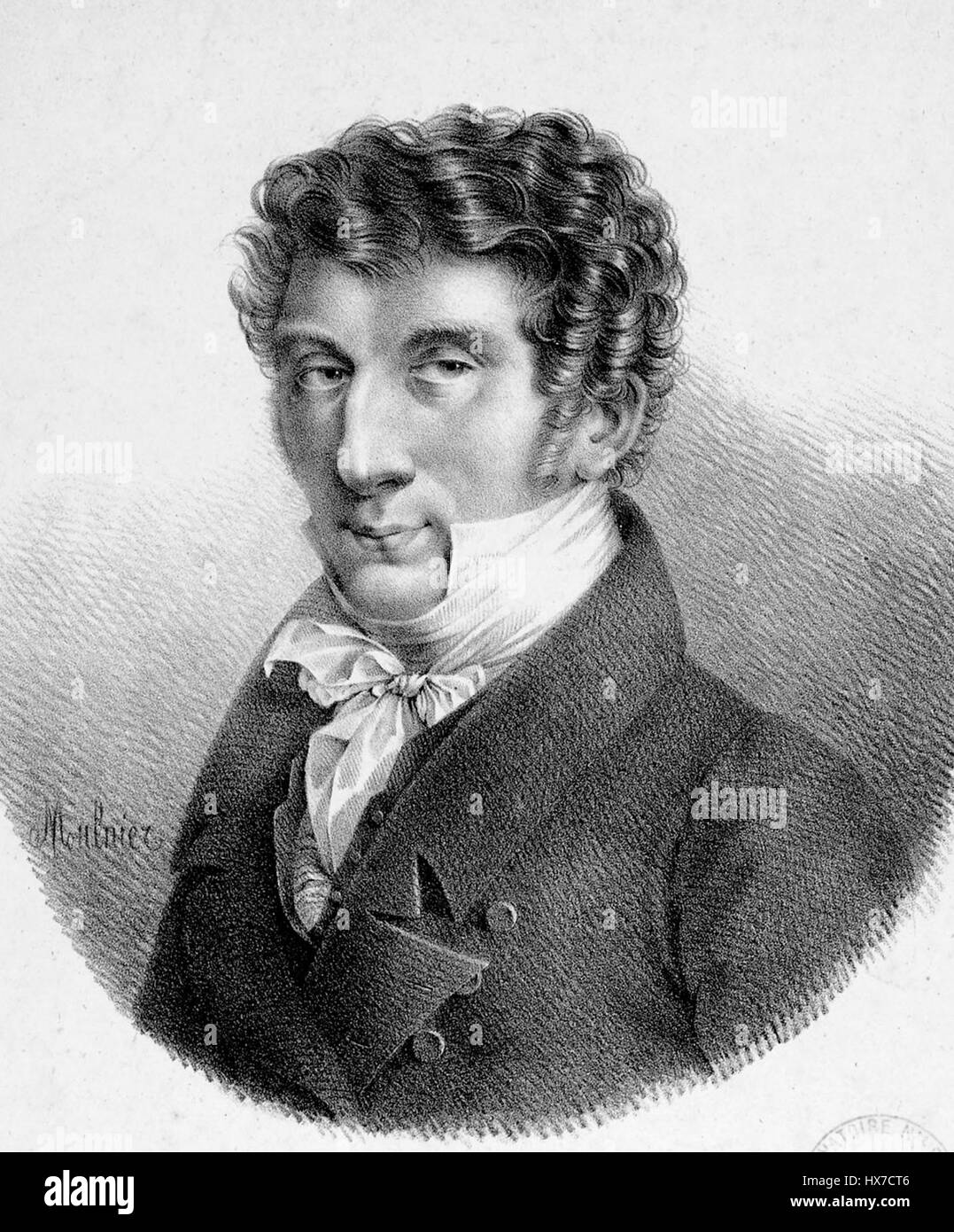 Dieses von Nelson Mulnier geschaffene Porträt von Louis Drouet unterstreicht die herausragenden Merkmale von Drouet im klassischen Stil des 19. Jahrhunderts. Der Fokus liegt auf Drouets Ausdruck und Präsenz, indem er seine Persönlichkeit in der Kunst einfängt. Stockfoto