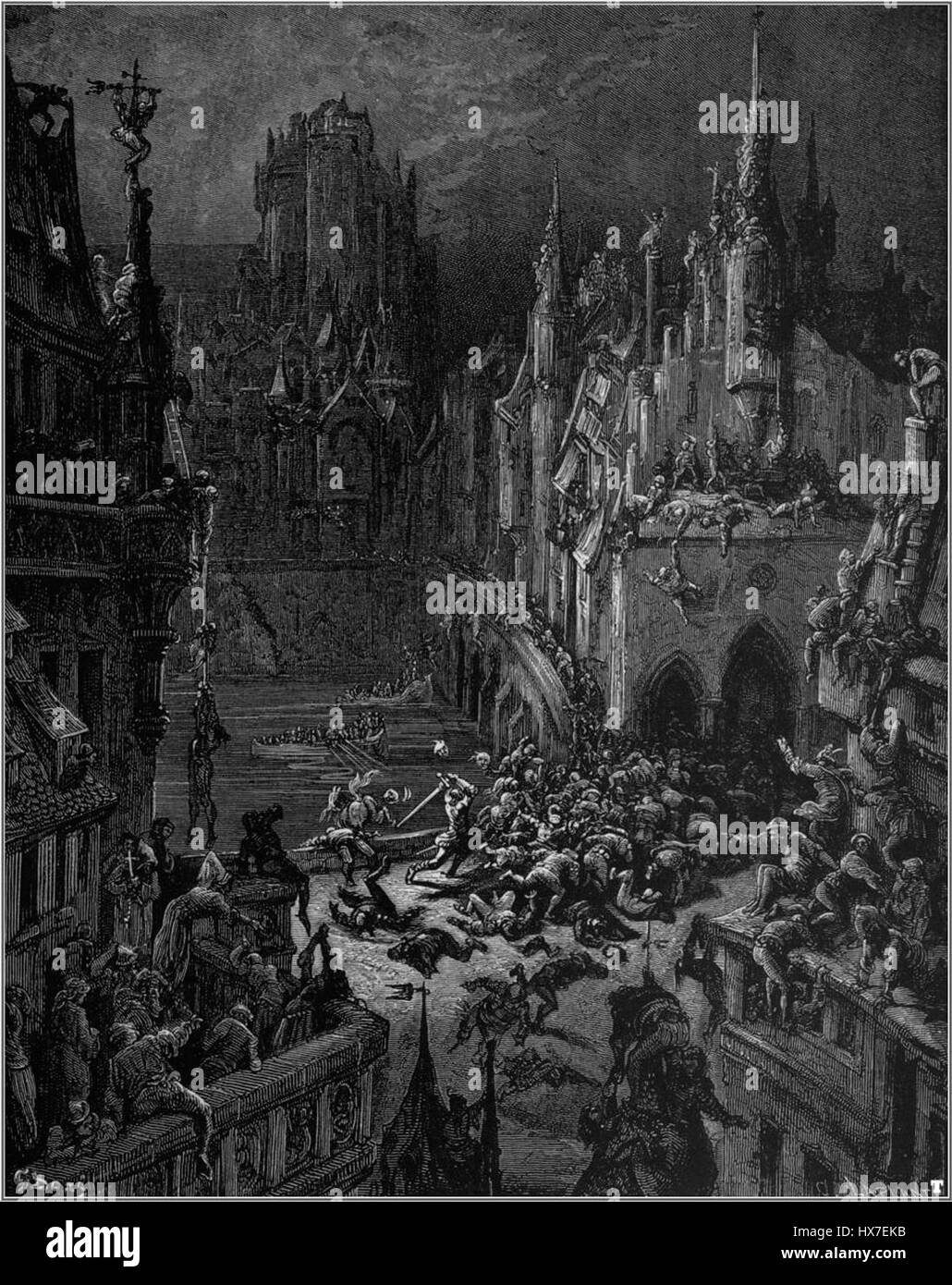 Orlando Furioso ist ein episches italienisches Gedicht von Ludovico Ariosto, das 1532 veröffentlicht wurde. Dieses Werk erzählt die Geschichte des Ritters Orlando und erfasst Themen wie Ritterlichkeit, Liebe und Wahnsinn im Kontext mittelalterlicher europäischer ideale. Stockfoto