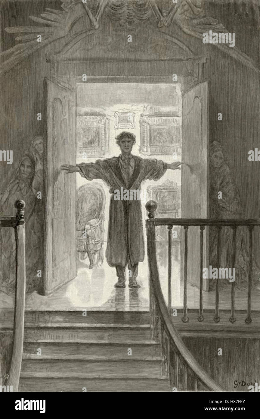 Eine Illustration von Edgar Allan Poes „der Rabe“ von Paul Gustave Doré, die die dunkle und geheimnisvolle Atmosphäre des Gedichts einfängt. Stockfoto