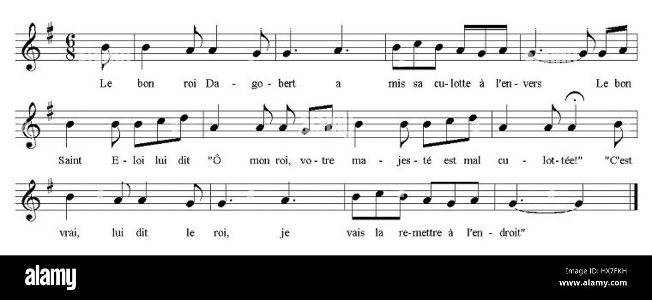 Le Bon ROI Dagobert bezieht sich auf ein populäres französisches Volkslied über König Dagobert I., einen französischen Monarchen aus dem 7. Jahrhundert, der für seine karitativen Taten bekannt ist. Das Lied beschreibt humorvoll seine Herrschaft und ist Teil des französischen Kulturerbes. Stockfoto