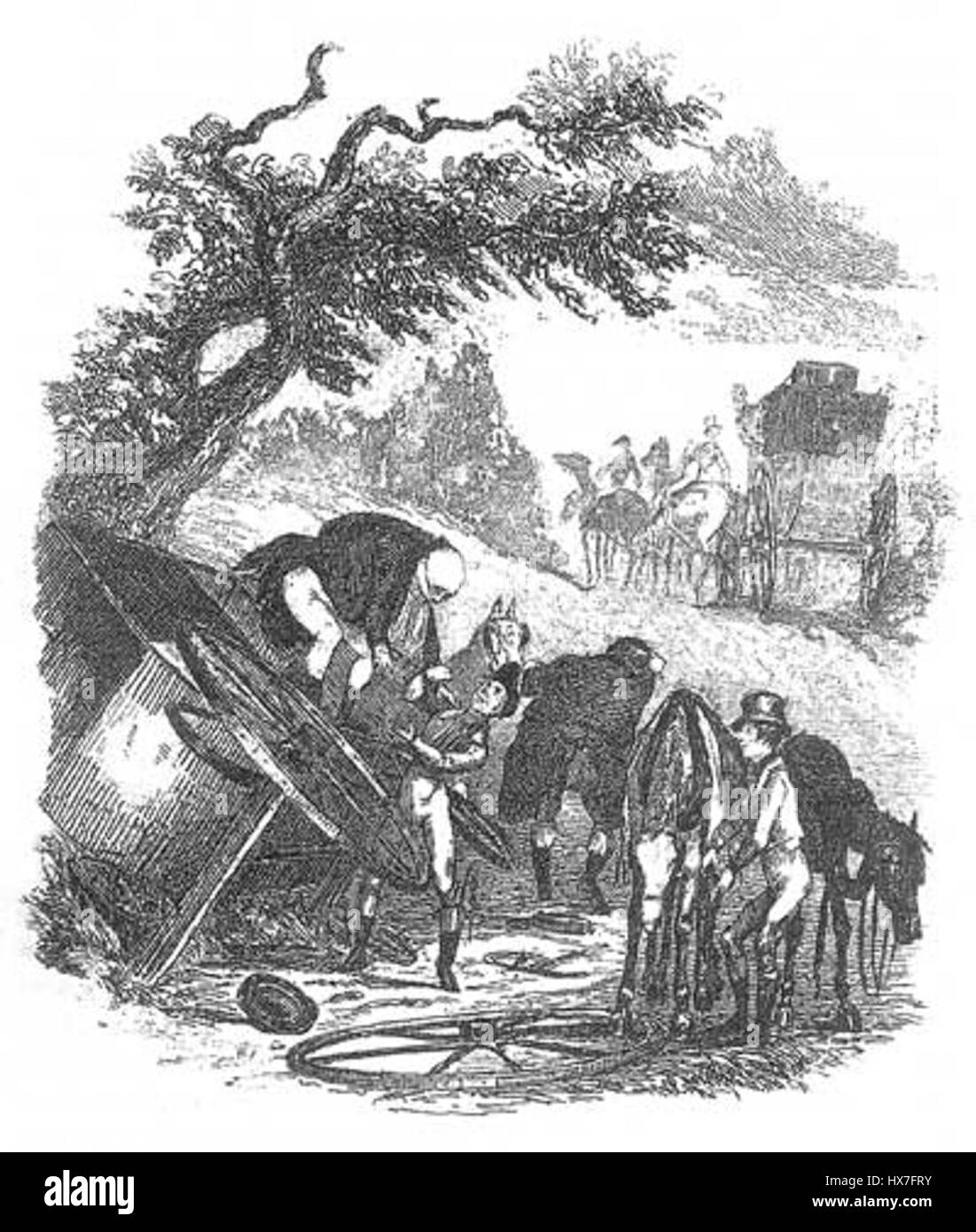 Ein Verweis auf eine bestimmte Szene oder ein Ereignis aus *The Pickwick Papers*, einem Roman von Charles Dickens. Der Satz „panne sur la Route 11“ bezieht sich wahrscheinlich auf einen Ausfall oder ein Missgeschick auf einer Reise, einen wichtigen Moment in der Geschichte. Stockfoto