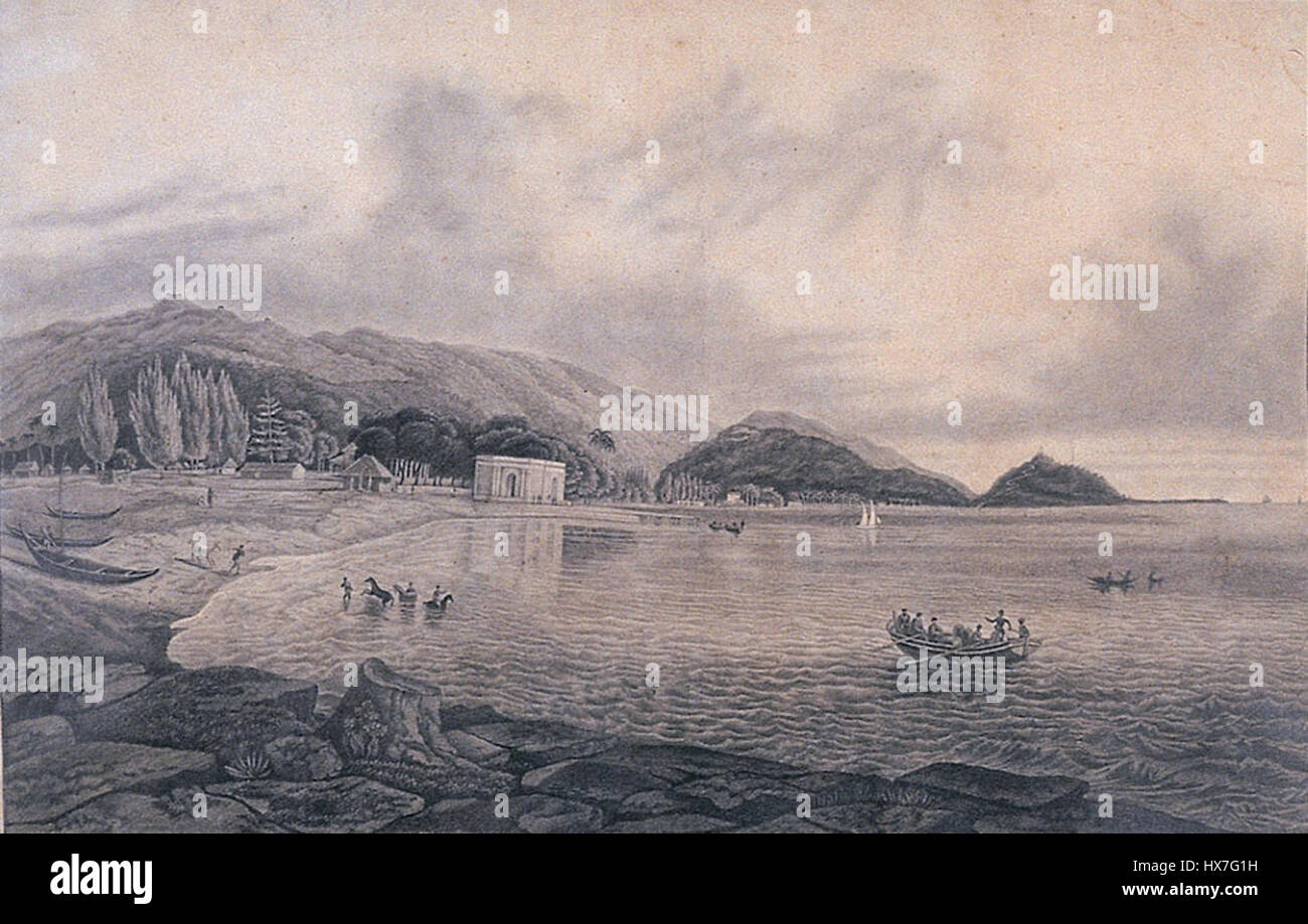 Ein historisches Gemälde von North Beach aus dem Council House, Penang, geschaffen im Jahr 1823, nach einer Skizze von Captain Robert Smith von den Ingenieuren und einer Radierung von William Daniell, überreicht an das Penang-Museum vom Nachlass von Heah Joo Seang im Jahr 1969. Stockfoto