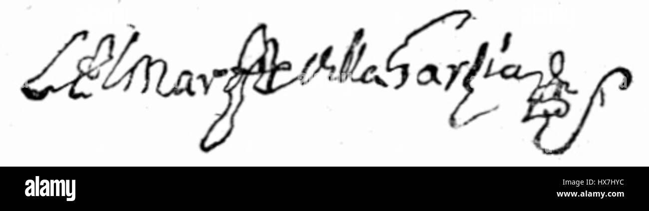 Die „Signature Villagarcia“ bezieht sich auf ein bestimmtes Kunstwerk oder Dokument, das mit Villagarcia in Verbindung steht, möglicherweise eine Signatur oder ein künstlerisches Werk, aber für eine genaue Beschreibung und einen historischen Kontext sind weitere Details erforderlich. Stockfoto