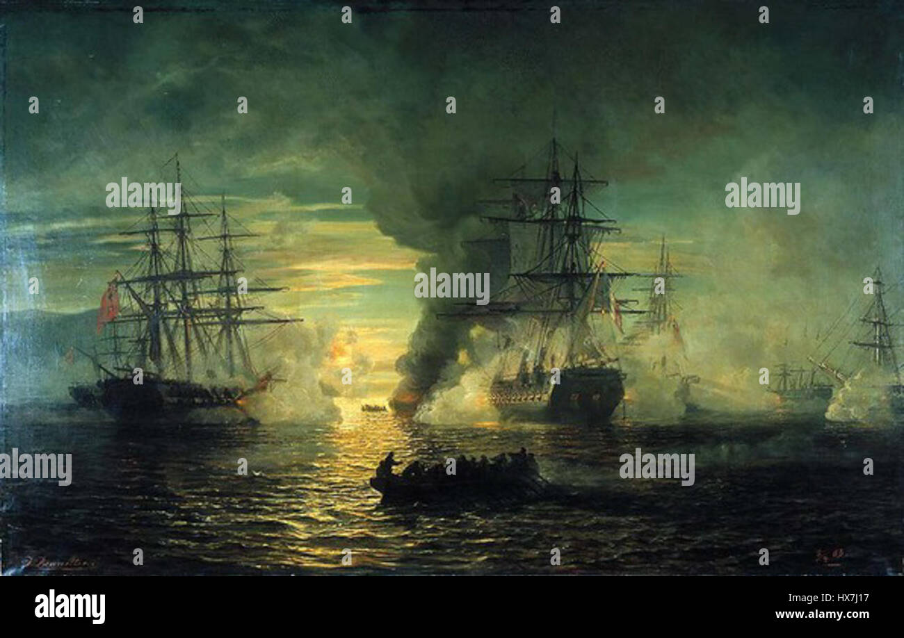 Dieses Ereignis bezieht sich auf eine bedeutende Seeschlacht, die vom 21. Bis 22. September 1799 in der Bucht von Lagoa in Madagaskar stattfand. Die Schlacht war ein wichtiger Moment in den Seekämpfen dieser Zeit, an denen französische und britische Truppen während der Napoleonischen Kriege beteiligt waren. Stockfoto