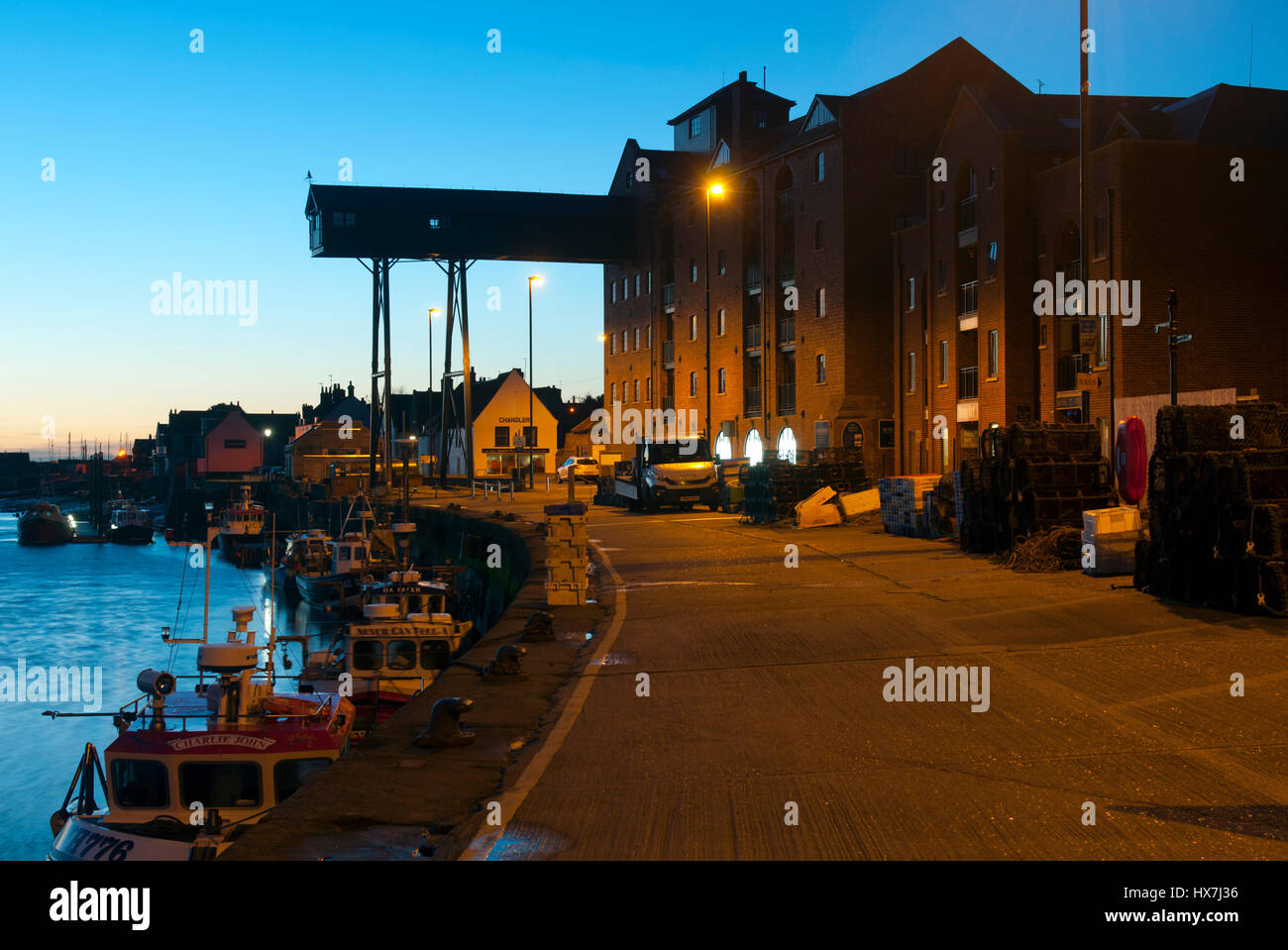 Kai in der Morgendämmerung, Wells-Next-the-Sea, Norfolk, England, UK Stockfoto