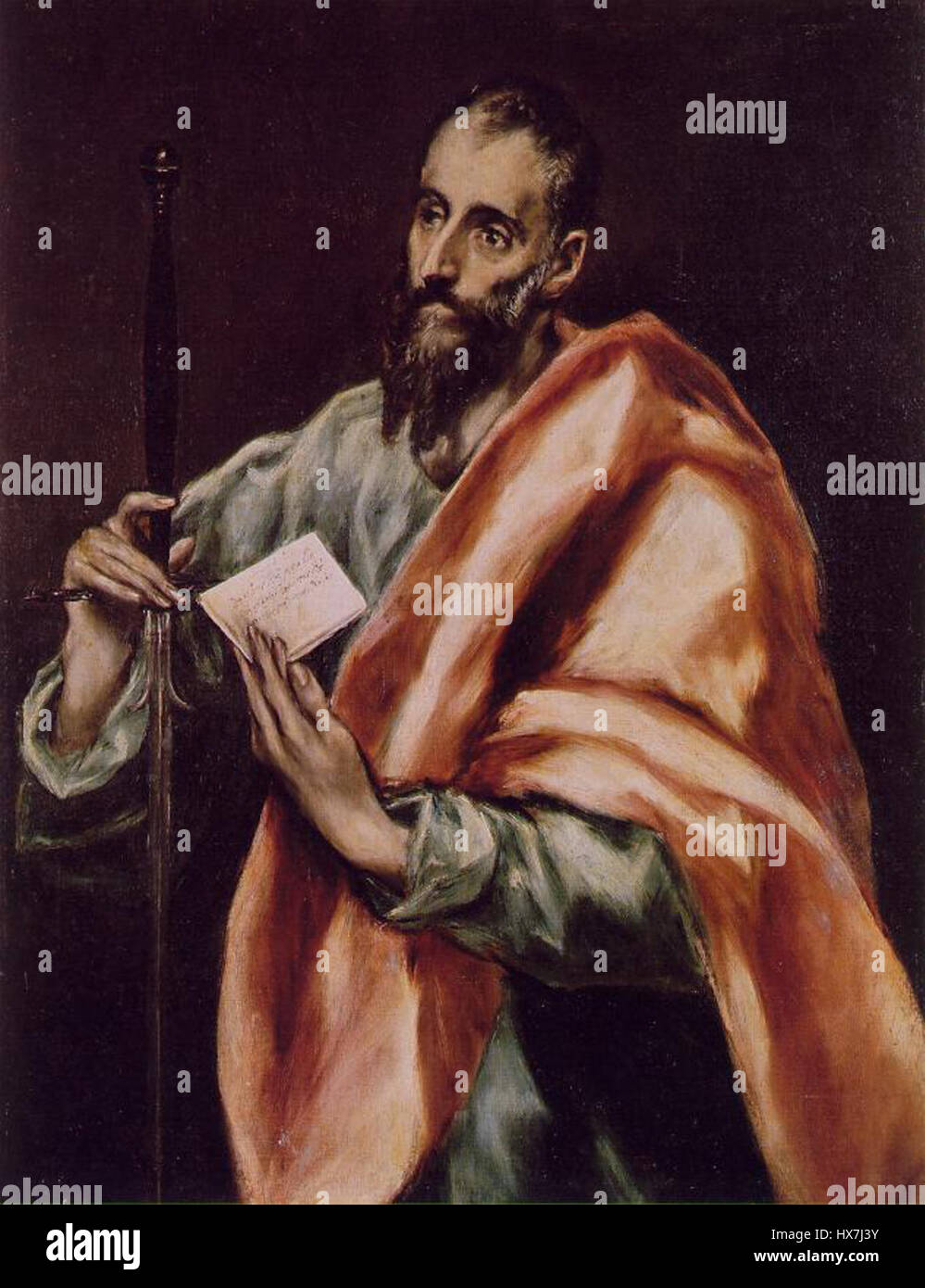 St. Paul von El Greco ist ein berühmtes Gemälde, das den Apostel Paul in einem dramatischen, manieristischen Stil darstellt, der typisch für das Werk des spanischen Künstlers ist. Die Komposition betont Emotionen und Spiritualität, die für El Grecos religiöse Themen von zentraler Bedeutung sind. Stockfoto