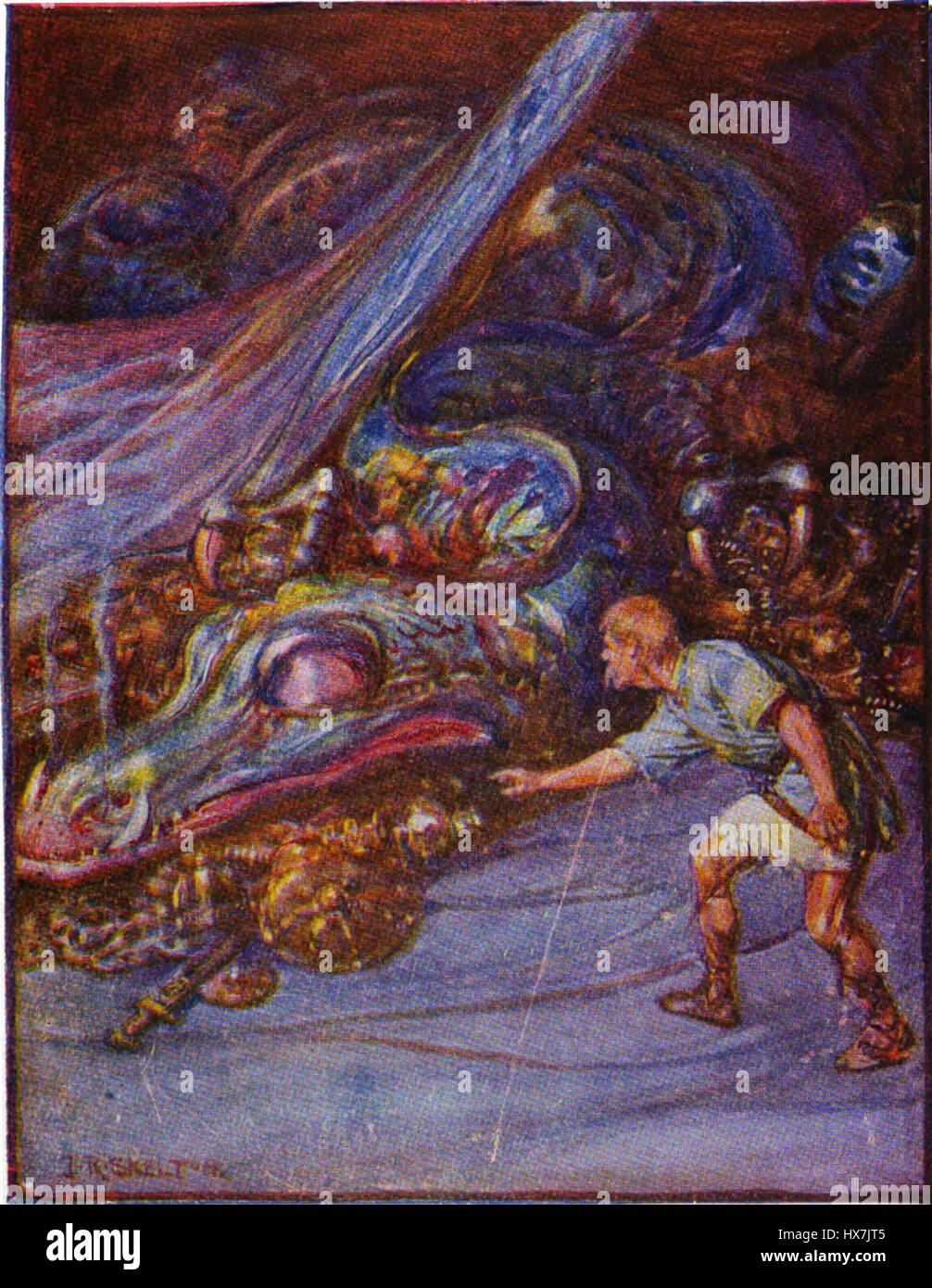 Dies ist eine Anspielung auf die berühmte Szene im epischen Gedicht *Beowulf*, in der der Drachenhort gestört wird, wenn ein Sklave einen goldenen Becher stiehlt, was den Zorn des Drachen auslöst und die Bühne für die letzten Schlachten des Gedichts schafft. Stockfoto