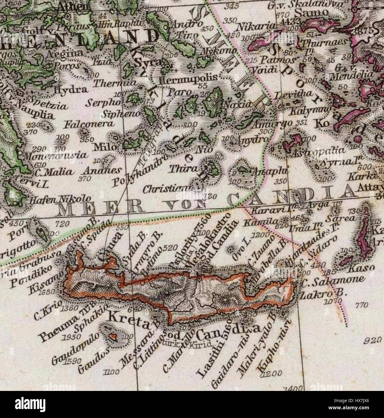 Das Mittellandische Meer und Nord Afrika von Adolf Stieler ist eine historische Karte aus dem Jahr 1875, die das Mittelmeer und Nordafrika darstellt. Die Karte bietet eine detaillierte geografische Darstellung der Region während des späten 19. Jahrhunderts. Stockfoto