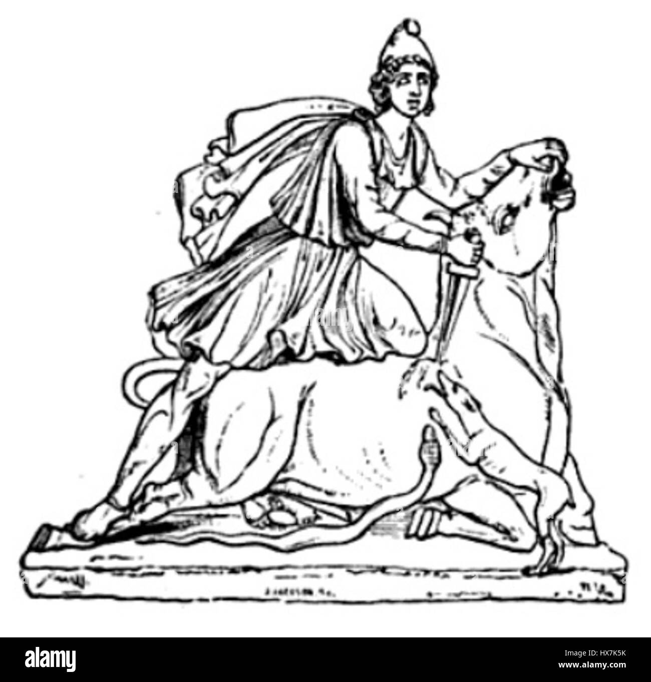 Tauroktonija bezieht sich auf ein altgriechisches Ritual oder mythologisches Thema, das das Opfer oder Töten eines Stiers symbolisiert. Es war ein gängiges Motiv in der griechischen Kunst und repräsentierte Themen wie Opfer, Stärke und rituelle Praktiken im antiken Griechenland. Stockfoto