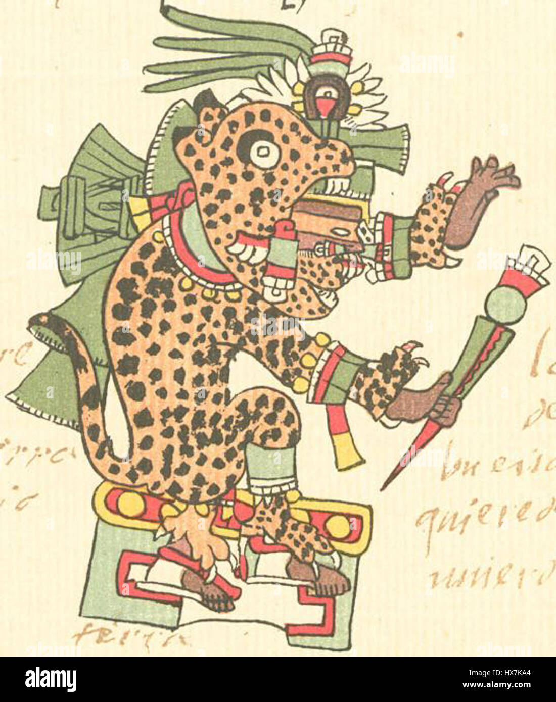 Tepeyollotl, in der aztekischen Mythologie, ist der Gott der Höhlen, Jaguare und Erdbeben. Er ist eine mächtige Gottheit, die mit den Kräften der Erde in Verbindung steht und wird in der aztekischen Kunst oft als jaguar dargestellt, der sowohl die Stärke als auch die Urkräfte der Natur verkörpert. Stockfoto