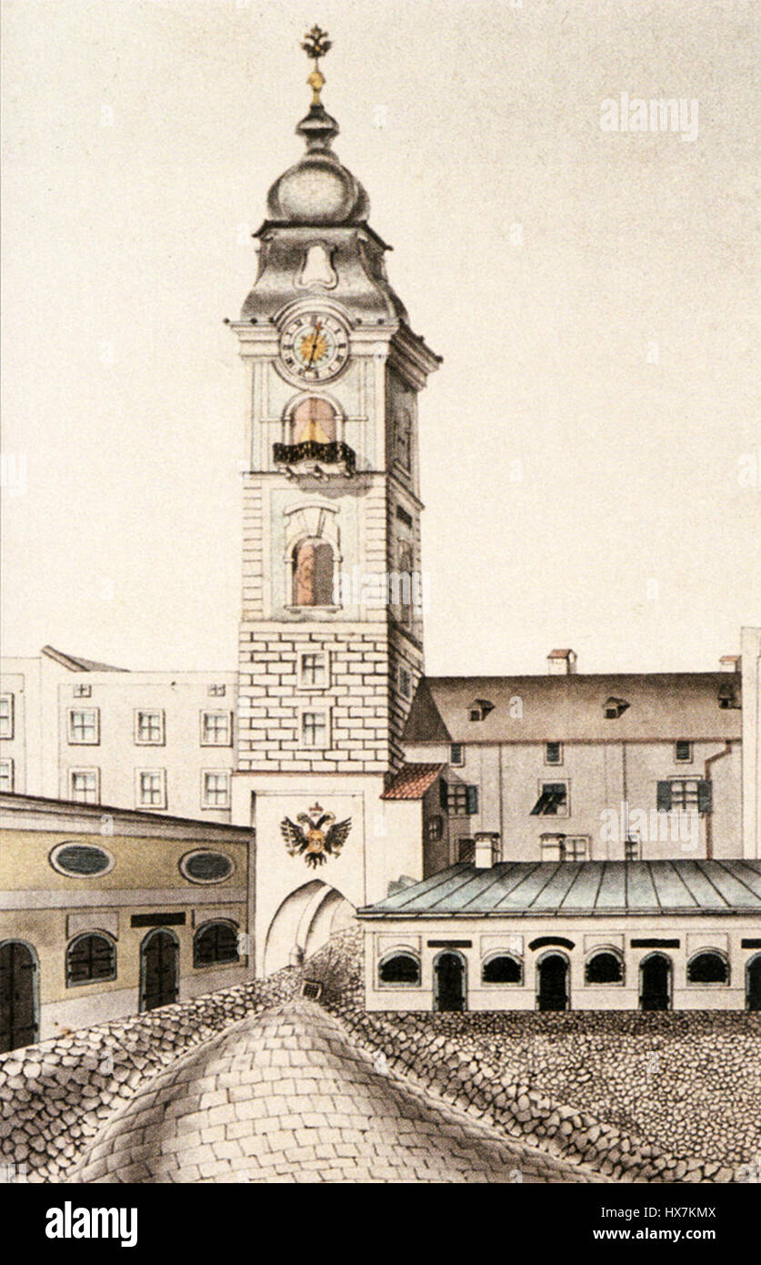 Der 1828 erbaute Schmidtorturm ist ein historischer Turm in Deutschland. Es enthält architektonische Elemente aus dem frühen 19. Jahrhundert, die den Stil und die Bautechniken der Zeit widerspiegeln und als Wahrzeichen in der Region dienen. Stockfoto