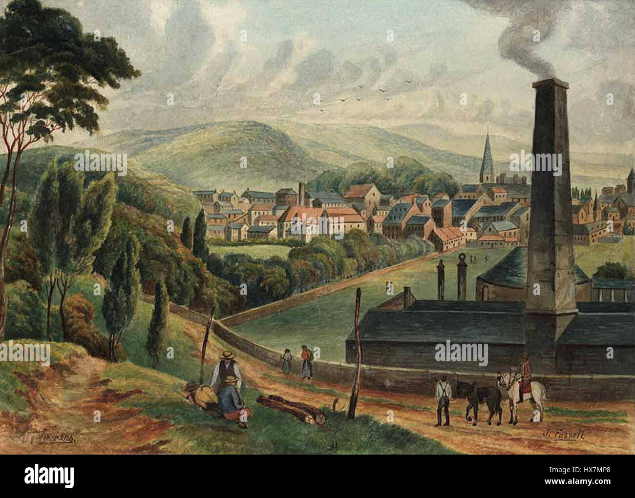 Joseph Fussells „Vue de Verviers“ bietet einen malerischen Blick auf die belgische Stadt Verviers im 19. Jahrhundert und zeigt die ruhige Landschaft und die architektonischen Details dieser Zeit. Stockfoto