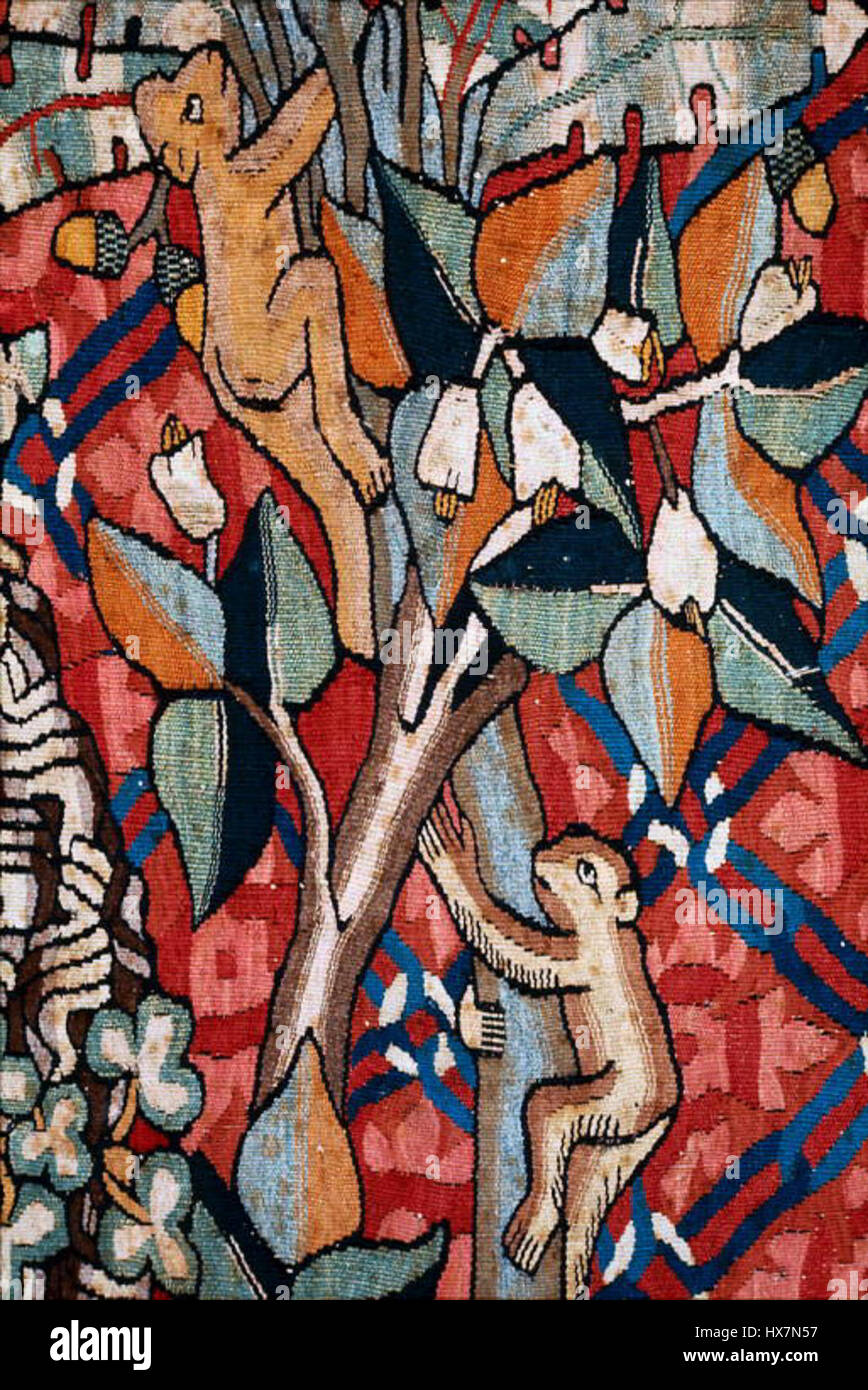 Das Kunstwerk „Wild Men and Moors“ zeigt eine dramatische Szene voller ungezähmter Figuren und Landschaften, die die mittelalterlichen Vorstellungen exotischer und „wilder“ Völker aus fernen Ländern widerspiegelt. Dieses besondere Detail unterstreicht die wilden Ausdrucksformen und dynamischen Posen dieser Figuren und bietet einen Einblick in die mittelalterliche visuelle Kultur. Stockfoto