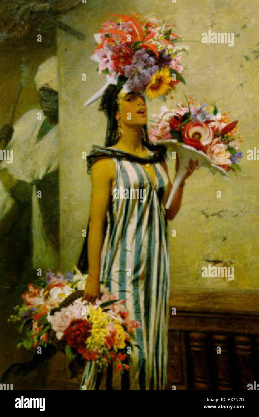 „Eine Blumenverkäuferin in Kairo“ von Wilhelm Simmler zeigt einen Blumenhändler in Kairo und fängt die Lebendigkeit des ägyptischen Straßenlebens Ende des 19. Jahrhunderts ein. Das Gemälde spiegelt die lokale Kultur und die geschäftige Atmosphäre von Kairo wider. Stockfoto