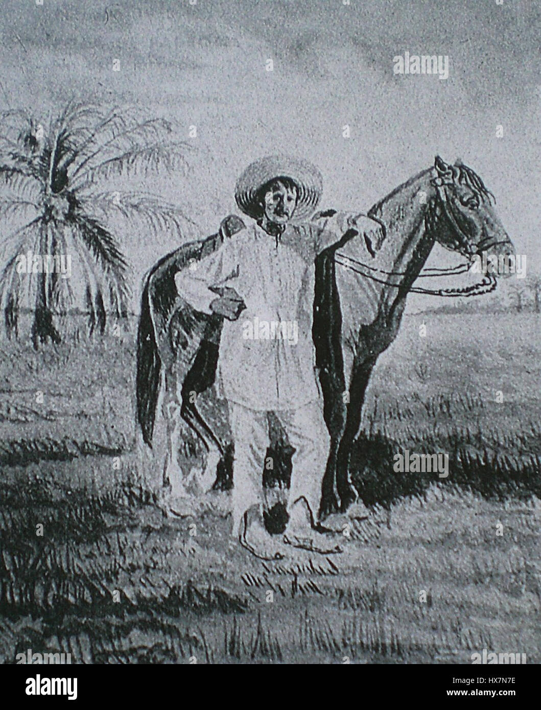 Dieses Kunstwerk zeigt Eloy Palacios, einen Llanero (Cowboy) aus dem 19. Jahrhundert, der die Kultur und den Lebensstil der Region Llanos in Südamerika widerspiegelt. Das Stück stellt die traditionelle Kleidung und die Rolle der Llaneros in ihrer Gesellschaft dar. Stockfoto