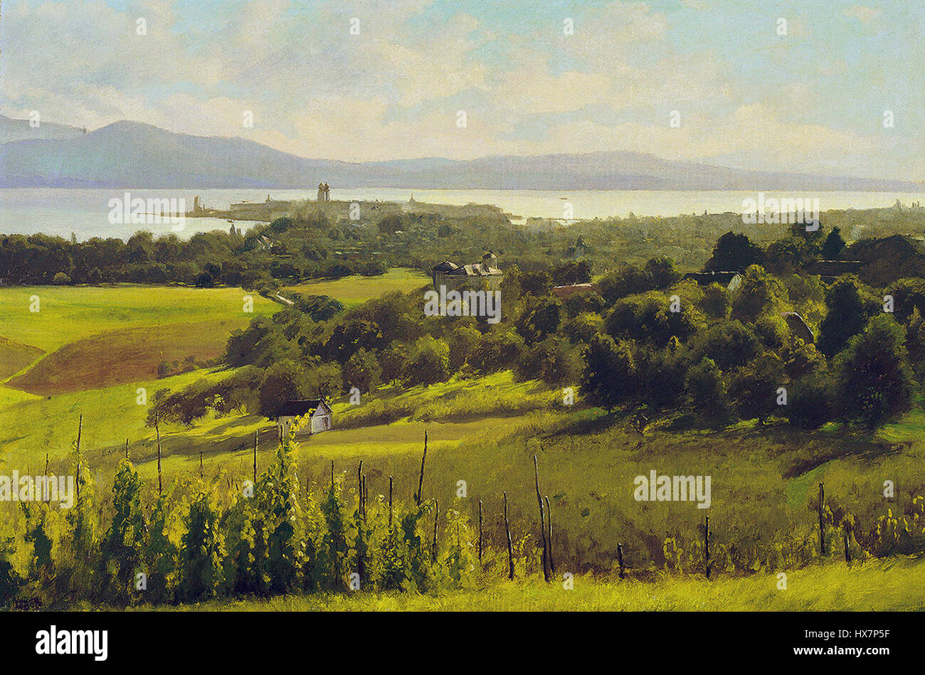 Blick von der Bäuerlinshalde über Lindau auf den Bodensee von Wilhelm Bode ist ein Gemälde, das einen malerischen Blick auf die Stadt Lindau und den Bodensee von einem Ort namens Bäuerlinshalde bietet. Das Werk fängt die ruhige Landschaft und die Stadtarchitektur ein. Stockfoto