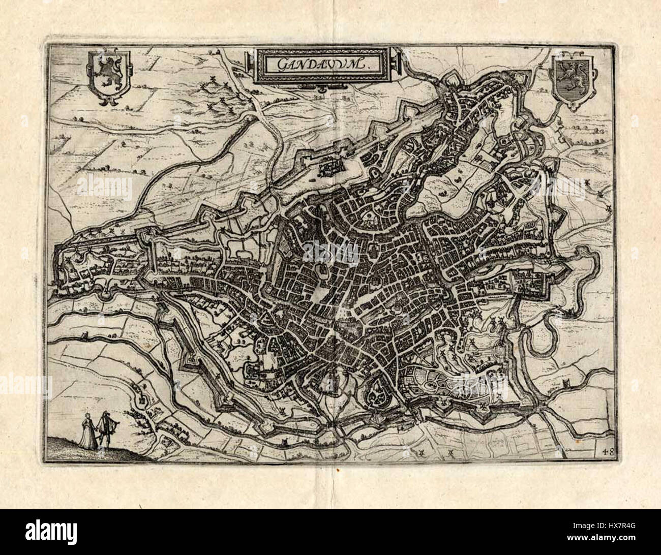 Diese Karte von Gent aus dem 16. Jahrhundert, erstellt von L. Guicciardini und veröffentlicht von J. Janssonius, ist ein wichtiges historisches kartographisches Dokument. Die Karte zeigt das Layout der Stadt Gent in Belgien während der Renaissance und zeigt wichtige Sehenswürdigkeiten und Merkmale. Stockfoto