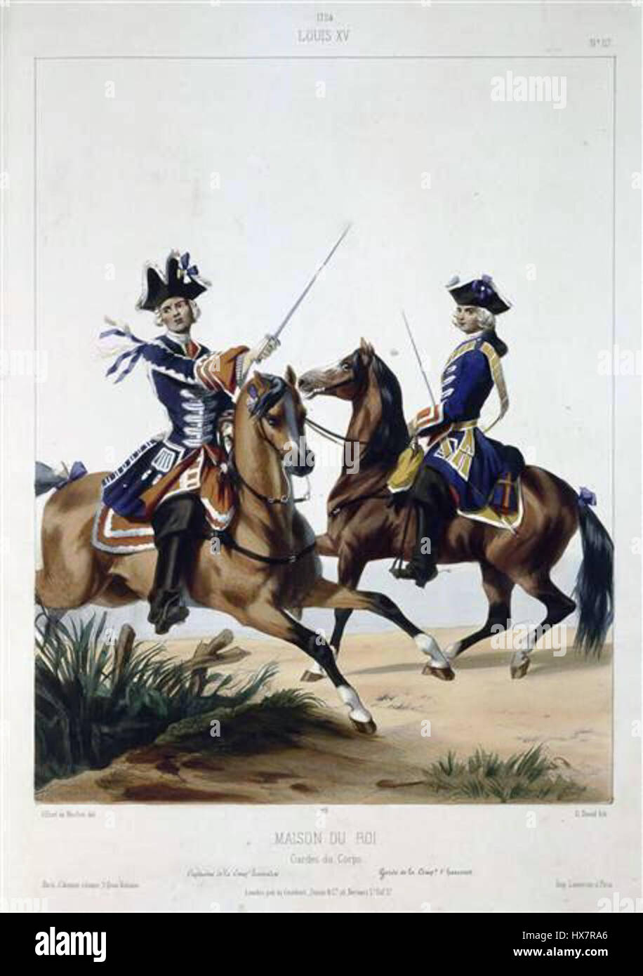 Das „Maison du ROI, Louis XV, 1724“ repräsentiert den königlichen Haushalt während der Regierungszeit von König Ludwig XV. Das Gemälde zeigt die Elite Gardes du Corps, die königlichen Leibwächter, und zeigt ihre Uniformen, Rolle und Status innerhalb der französischen Monarchie. Stockfoto