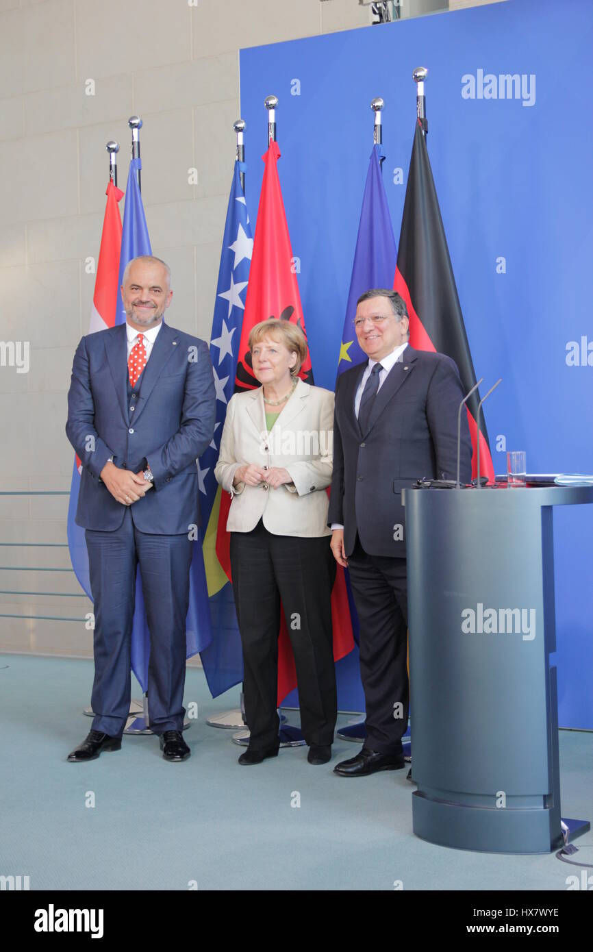 Berlin, Deutschland, 28. August 2014: Bundeskanzlerin Merkel hält westlichen Balkan Treffen mit Barroso und Premierminister von Albanien Edi Rama. Stockfoto