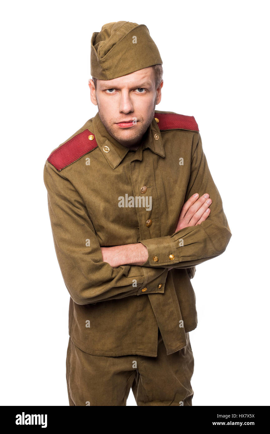 Russischer Soldat mit zweiten Weltkrieg einheitlich. Studioportrait isoliert auf weißem Hintergrund Stockfoto