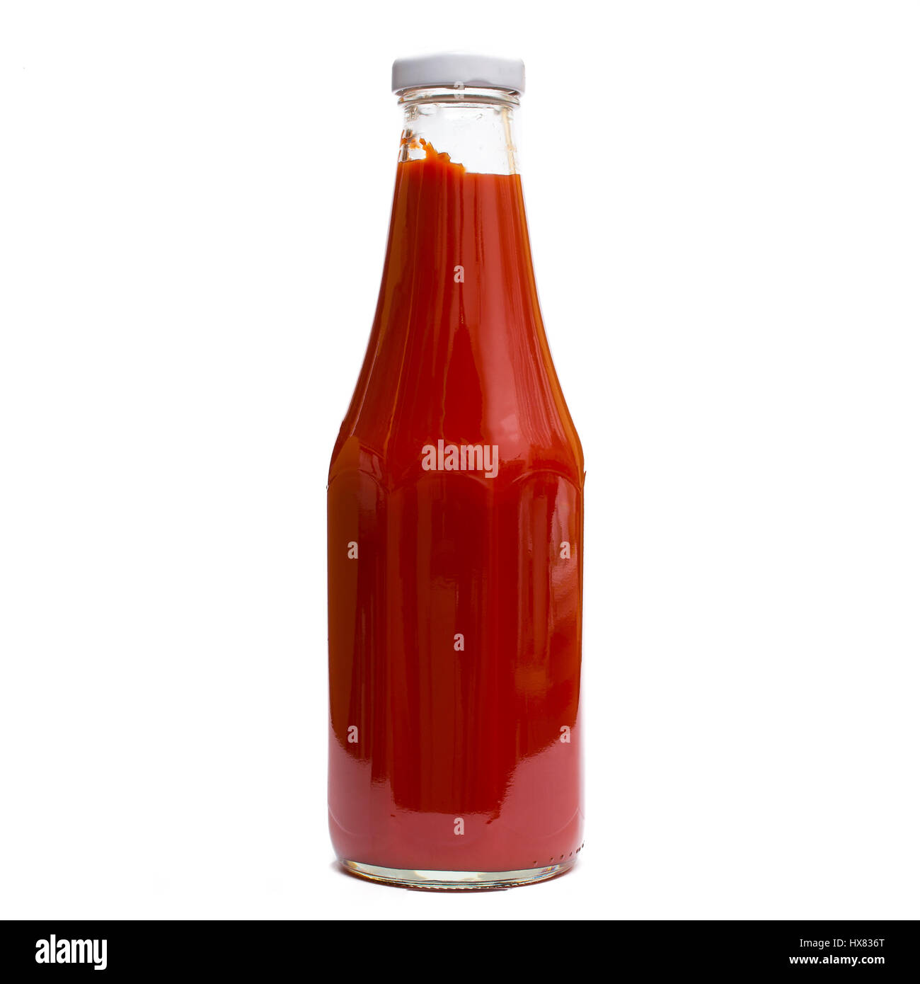 Tomaten-Ketchup in eine Flasche aus Glas weiß isoliert als Nahrung bestand Stockfoto