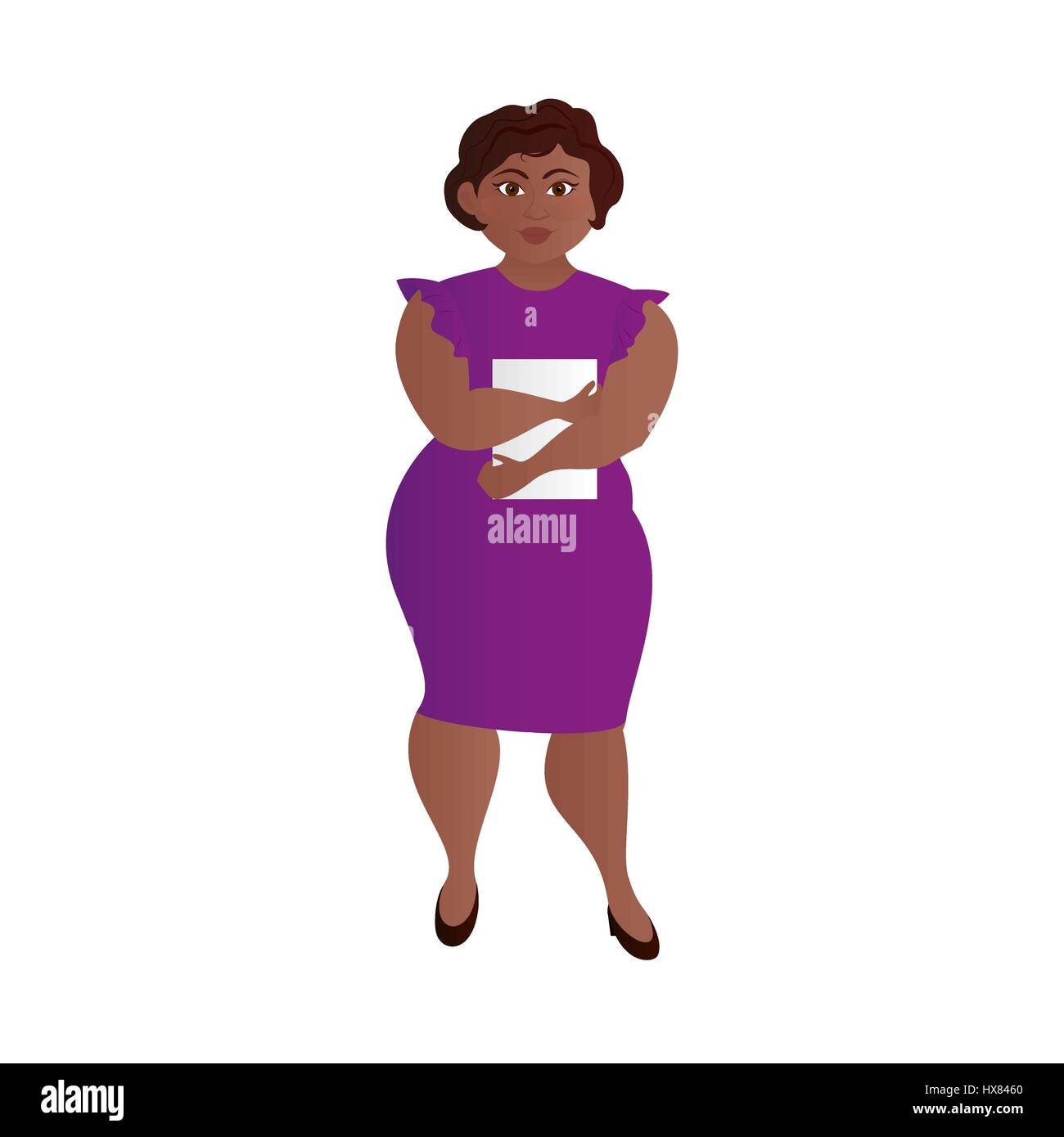 Business-Frau mit dunkler Haut und Übergewicht in einem eleganten Kleid auf einem hellen Hintergrund. Isoliert. Vektor-illustration Stock Vektor