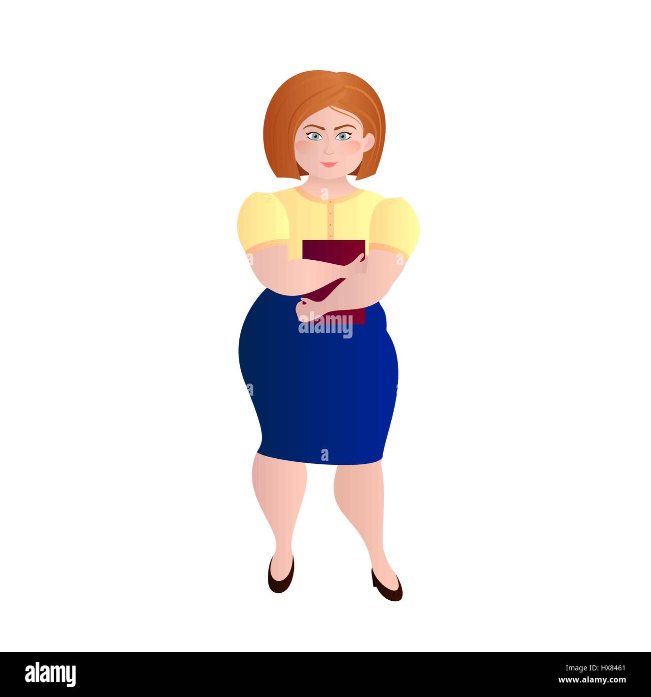 Business-Frau mit Übergewicht in elegantes Büro Kleidung mit einem Ordner in die Hände auf einem weißen Hintergrund. Dicke Frau im Büro. Isoliert. Stock Vektor