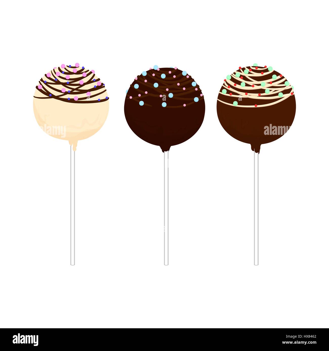 Satz von isolierten Cake Pops am Stiel in verschiedenen Farben mit verschiedenen Ornamenten. Cupcakes, runde Form auf einem Stick. Isoliert. Hand gezeichnet Vektor Stock Vektor