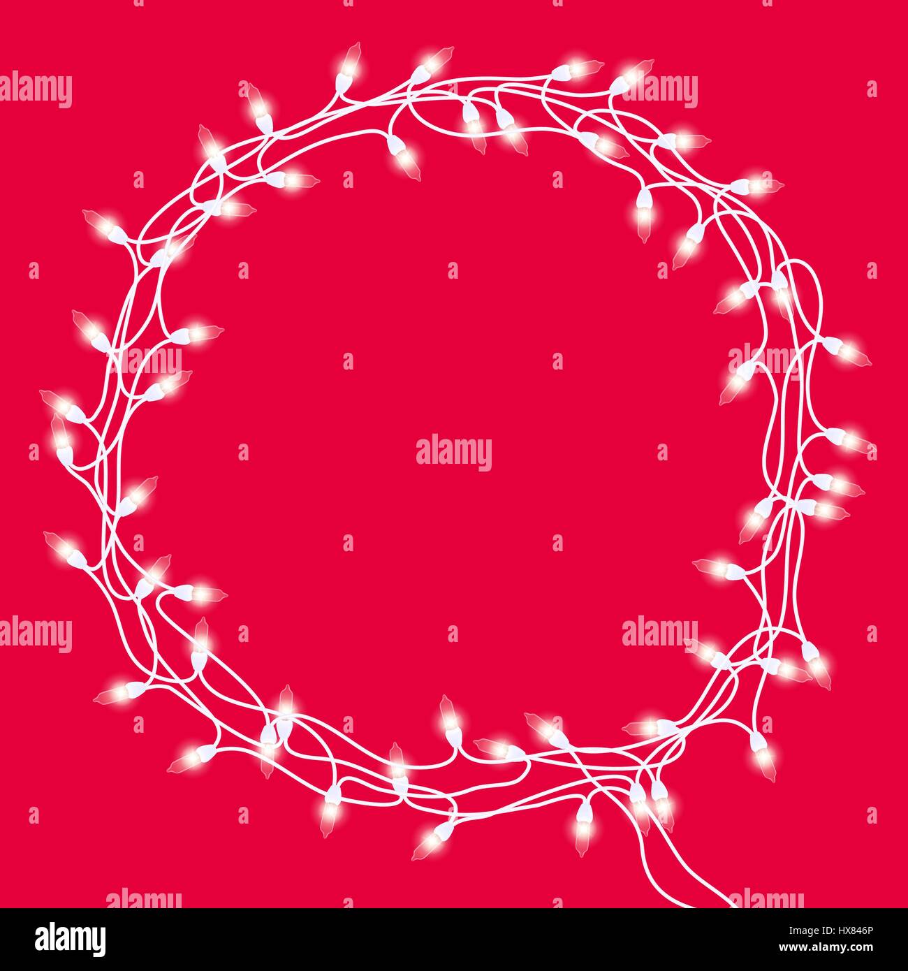 Weihnachtskranz oder Rahmen mit weißer Kranz mit leuchtenden hellen Lichtern auf rotem Grund. Isoliert. Handgezeichnete Vektor-Illustration. Stock Vektor