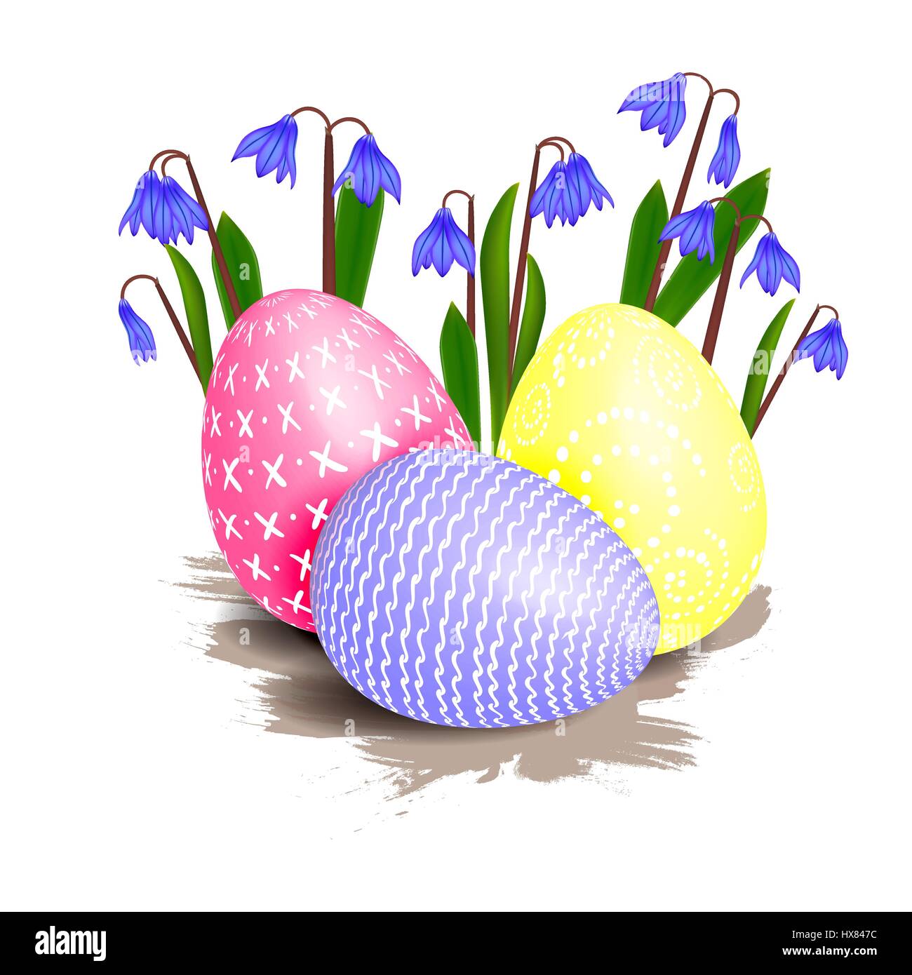 Mehrere helle farbige Ostereier verziert mit Mustern, umgeben von blauen Primel Frühlingsblumen mit grünen Blättern auf einem weißen Hintergrund. Glücklich e Stock Vektor